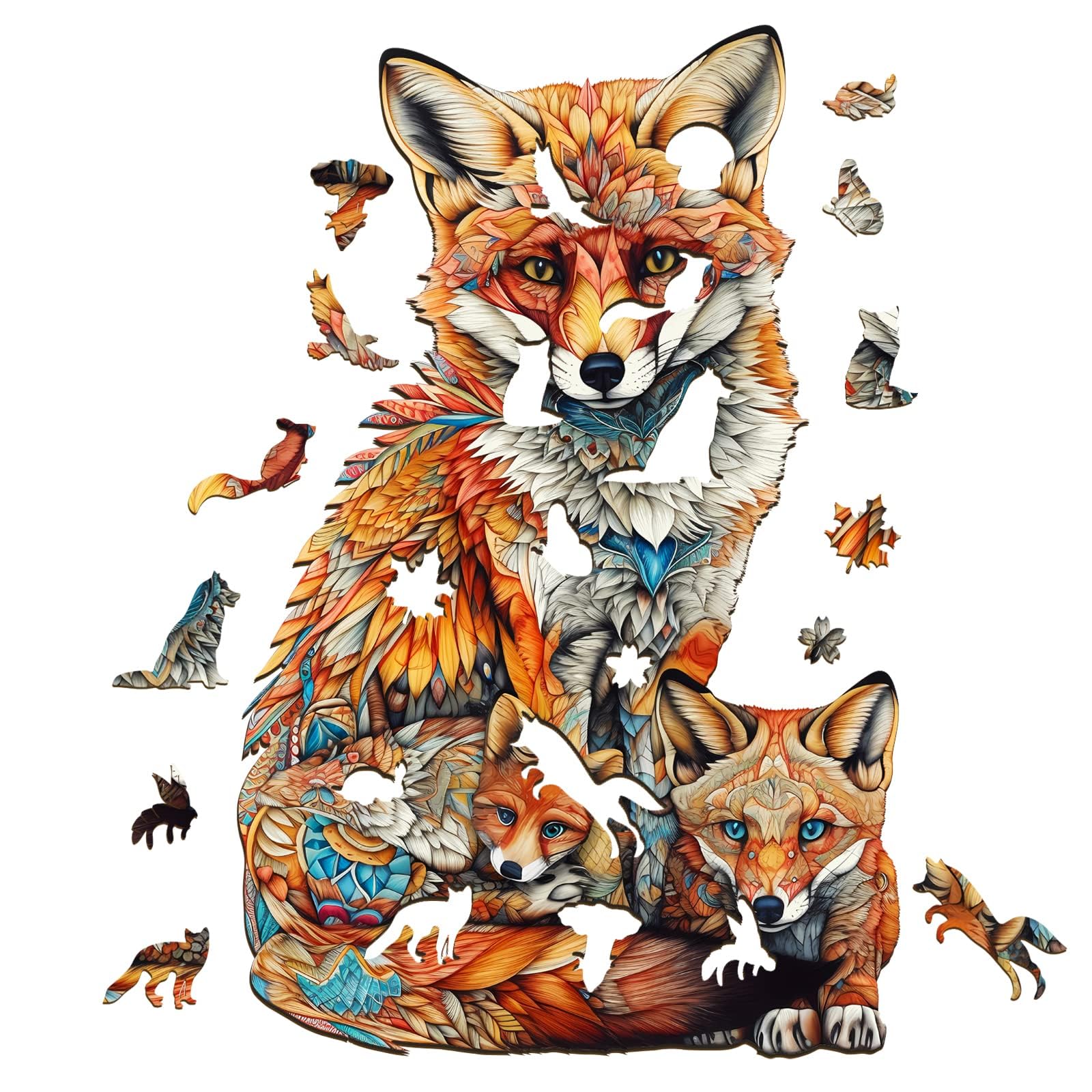 Funnli Holzpuzzle Erwachsene, 300 Stück Fox-Familie Holz Erwachsene, Wooden Puzzle Einzigartige Form Puzzleteile, Puzzle Holz 14+ mit Geschenkbox aus Holz(L-18.3 * 11.8in) - Image 3