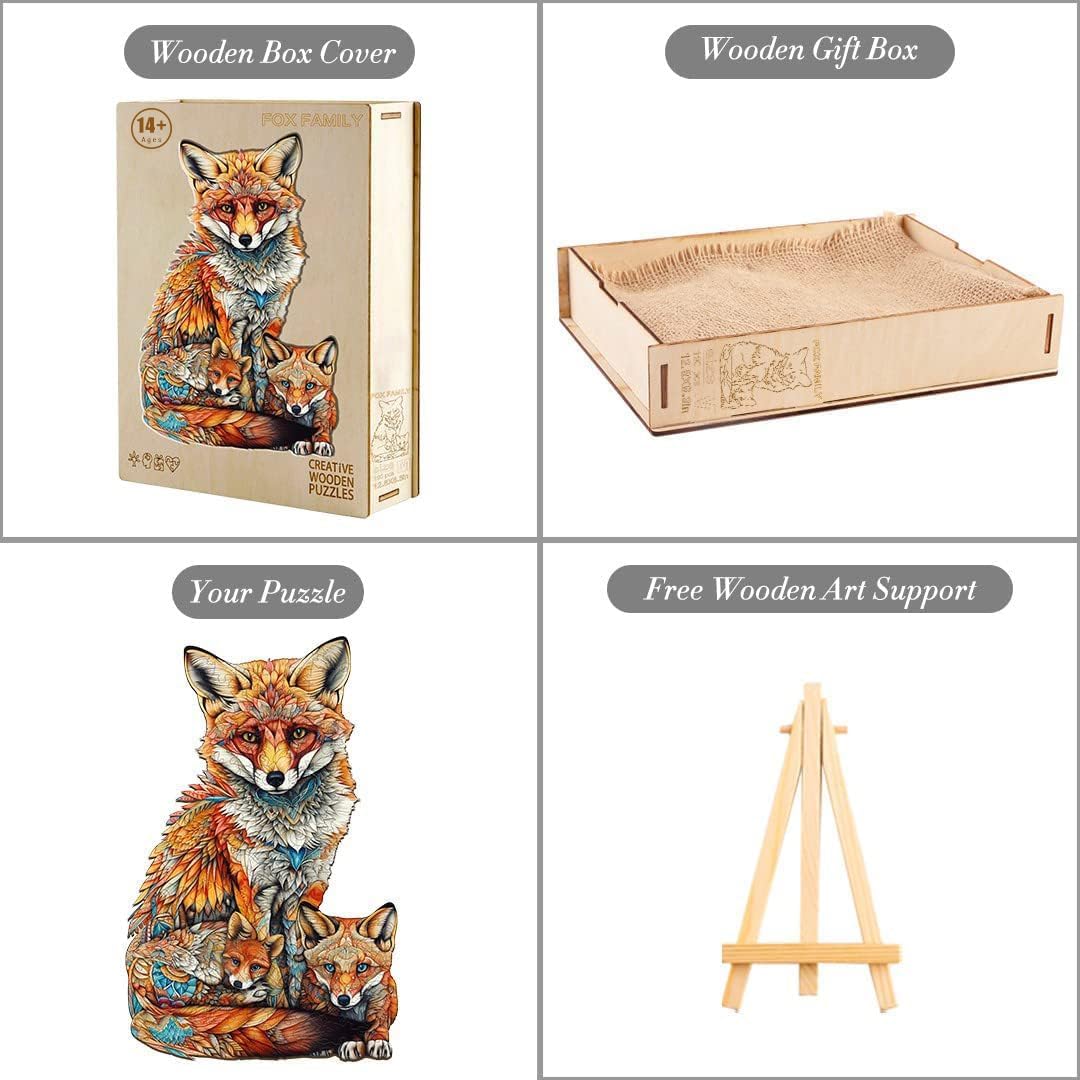 Funnli Holzpuzzle Erwachsene, 300 Stück Fox-Familie Holz Erwachsene, Wooden Puzzle Einzigartige Form Puzzleteile, Puzzle Holz 14+ mit Geschenkbox aus Holz(L-18.3 * 11.8in) - Image 4
