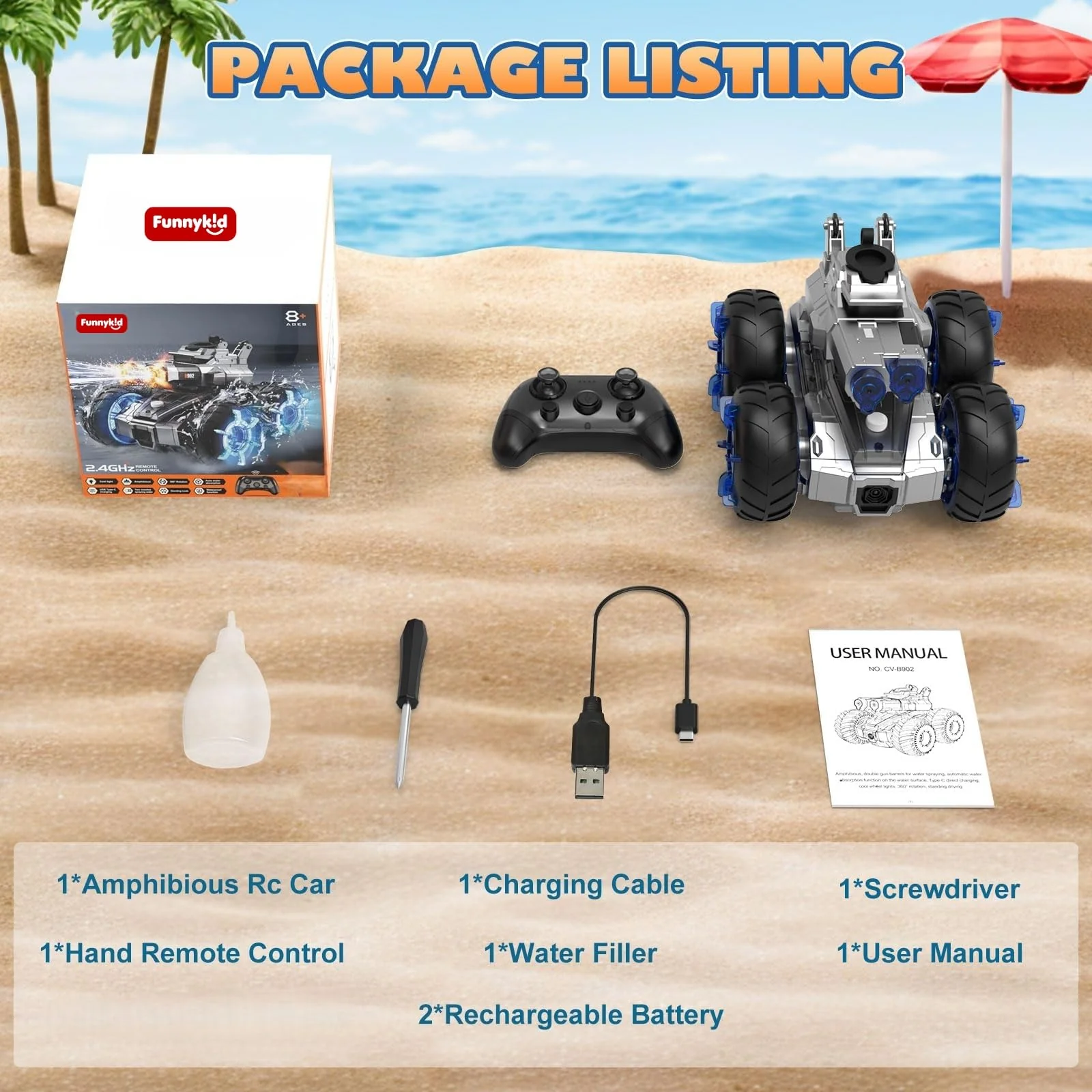 funnykid 3-in-1 RC Panzer 4WD Amphibienfahrzeug mit Wasserkanonen, LED-Lichtern & 2 Akkus (45+ Min Laufzeit) – Ferngesteuertes Auto für Kinder 6 7 8 9 10 11 12, Geländewagen für Land & Wasser - Image 2