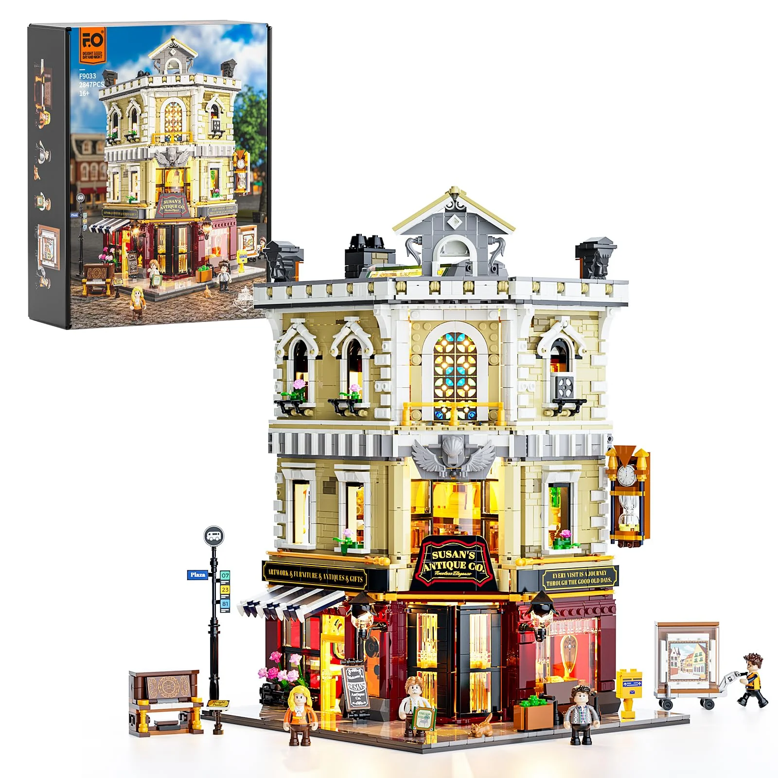 Funwhole Antiquitätengeschäft Beleuchtung Bausteinset - Stadtleben Eckladen LED-Licht Baukasten Modellset 2847 Stücke für Erwachsene und Jugendliche,F9033