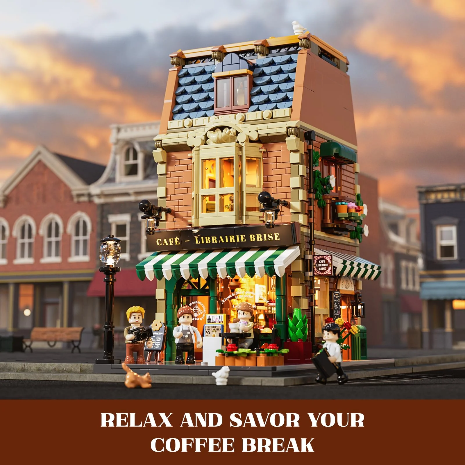 Funwhole Buchcafé Beleuchtetes Baukasten Set - Stadtkaffeehaus LED Licht Modularer BAU Modellsets 1718 Stücke für Erwachsene und Jugendliche - Image 4