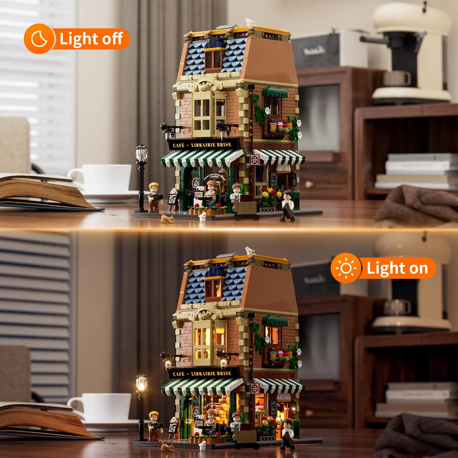 Funwhole Buchcafé Beleuchtetes Baukasten Set - Stadtkaffeehaus LED Licht Modularer BAU Modellsets 1718 Stücke für Erwachsene und Jugendliche - Image 7