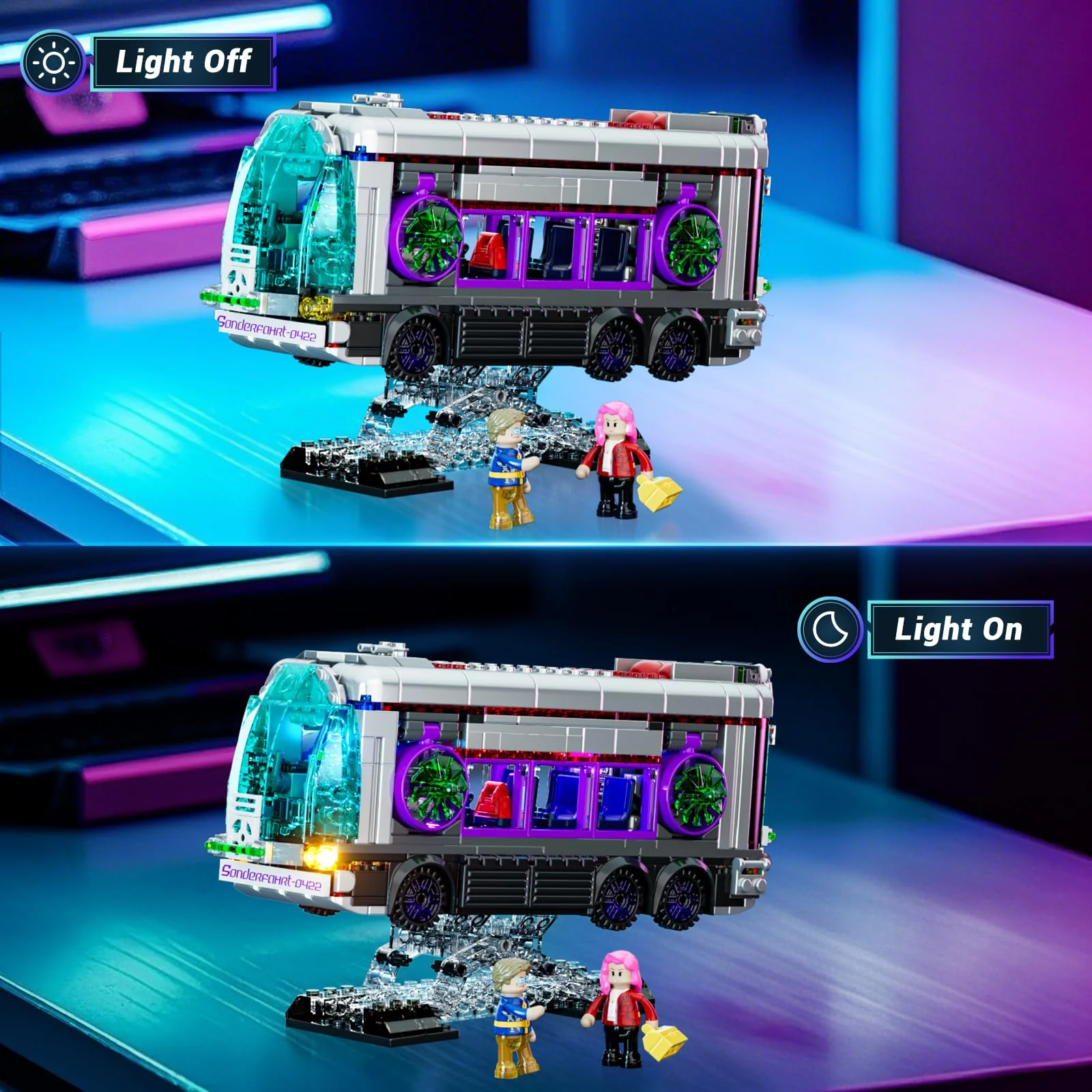 FUNWHOLE Cyberpunk Zukünftiger Bus mit LED-Beleuchtung – 2-in-1 Modell mit Licht, 605 Teile für Sci-Fi-Fans und Erwachsene, Perfekte Cyberpunk-Stadt-Deko - Image 3