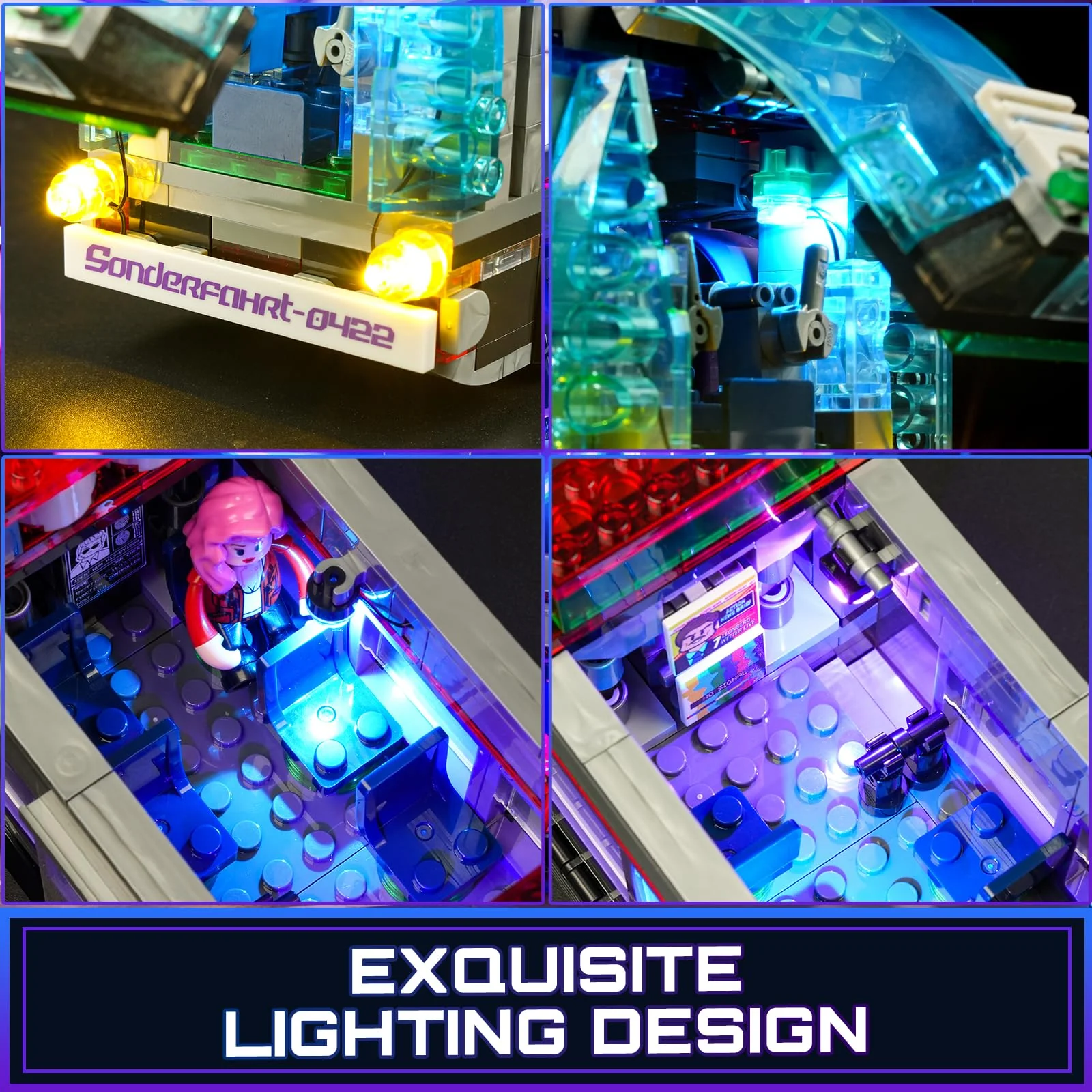 FUNWHOLE Cyberpunk Zukünftiger Bus mit LED-Beleuchtung – 2-in-1 Modell mit Licht, 605 Teile für Sci-Fi-Fans und Erwachsene, Perfekte Cyberpunk-Stadt-Deko - Image 4
