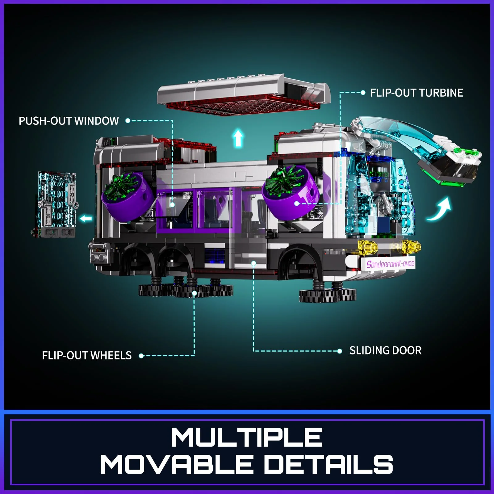 FUNWHOLE Cyberpunk Zukünftiger Bus mit LED-Beleuchtung – 2-in-1 Modell mit Licht, 605 Teile für Sci-Fi-Fans und Erwachsene, Perfekte Cyberpunk-Stadt-Deko - Image 5