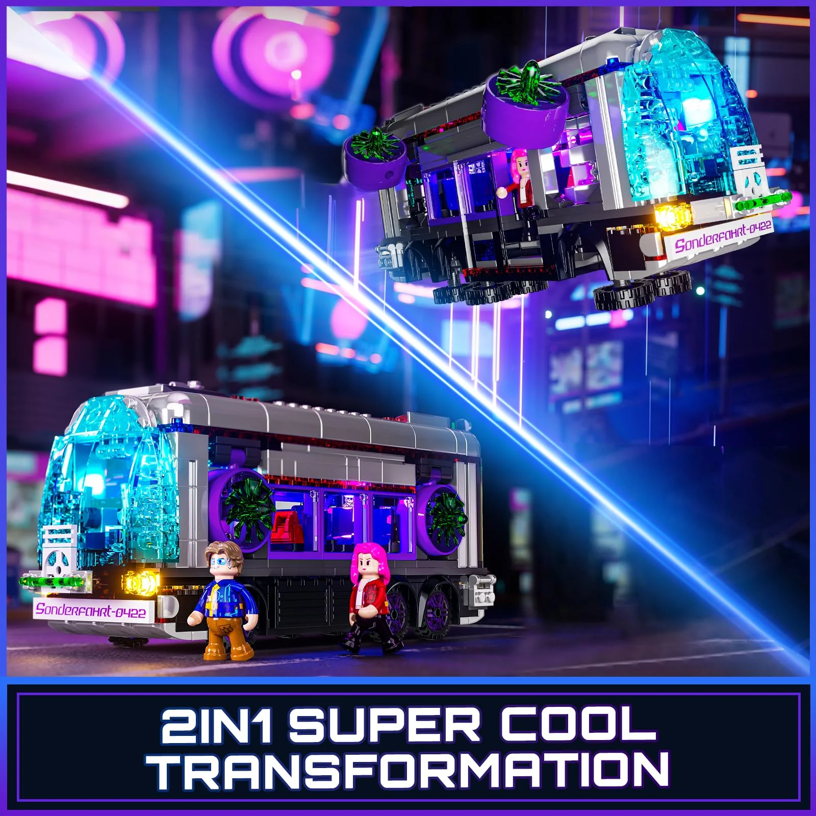 FUNWHOLE Cyberpunk Zukünftiger Bus mit LED-Beleuchtung – 2-in-1 Modell mit Licht, 605 Teile für Sci-Fi-Fans und Erwachsene, Perfekte Cyberpunk-Stadt-Deko - Image 6