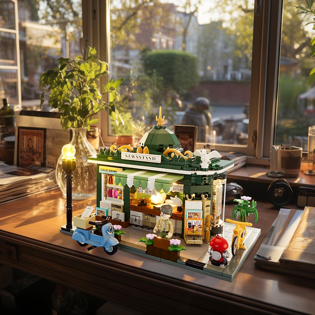 FUNWHOLE Kiosk Beleuchtung Klemmbausteine Haus, Schreibtisch-Deko, Retro Modular Building Stadtleben Set, Geschenk für Erwachsene und Jugendliche,556 Pcs,F9023,Newsstand - Image 2