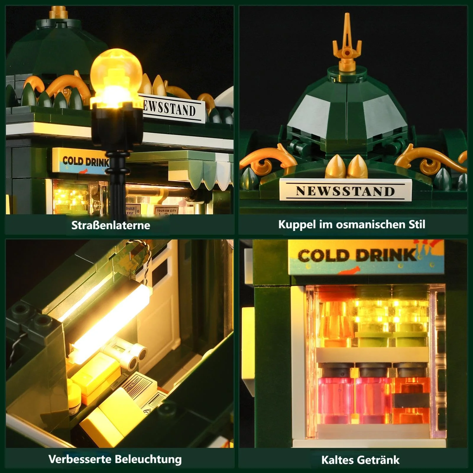 FUNWHOLE Kiosk Beleuchtung Klemmbausteine Haus, Schreibtisch-Deko, Retro Modular Building Stadtleben Set, Geschenk für Erwachsene und Jugendliche,556 Pcs,F9023,Newsstand - Image 4