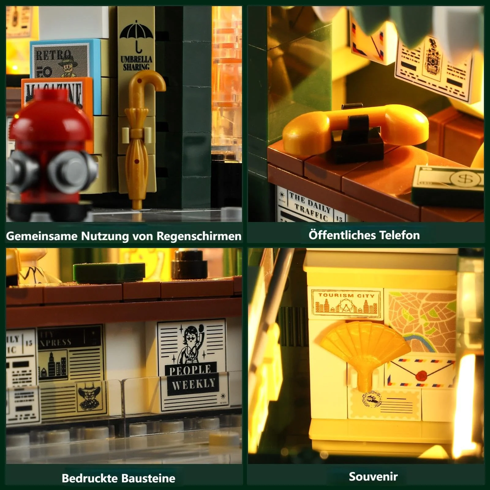 FUNWHOLE Kiosk Beleuchtung Klemmbausteine Haus, Schreibtisch-Deko, Retro Modular Building Stadtleben Set, Geschenk für Erwachsene und Jugendliche,556 Pcs,F9023,Newsstand - Image 5