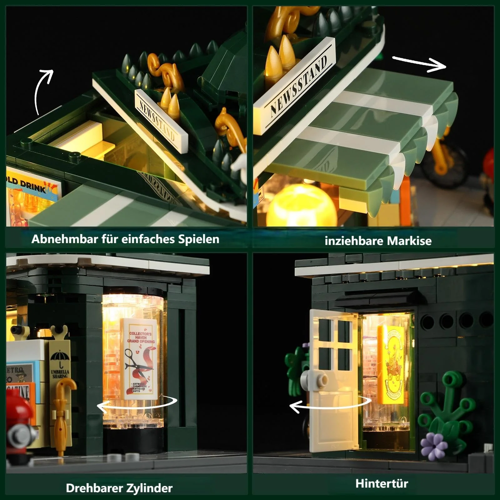 FUNWHOLE Kiosk Beleuchtung Klemmbausteine Haus, Schreibtisch-Deko, Retro Modular Building Stadtleben Set, Geschenk für Erwachsene und Jugendliche,556 Pcs,F9023,Newsstand - Image 6