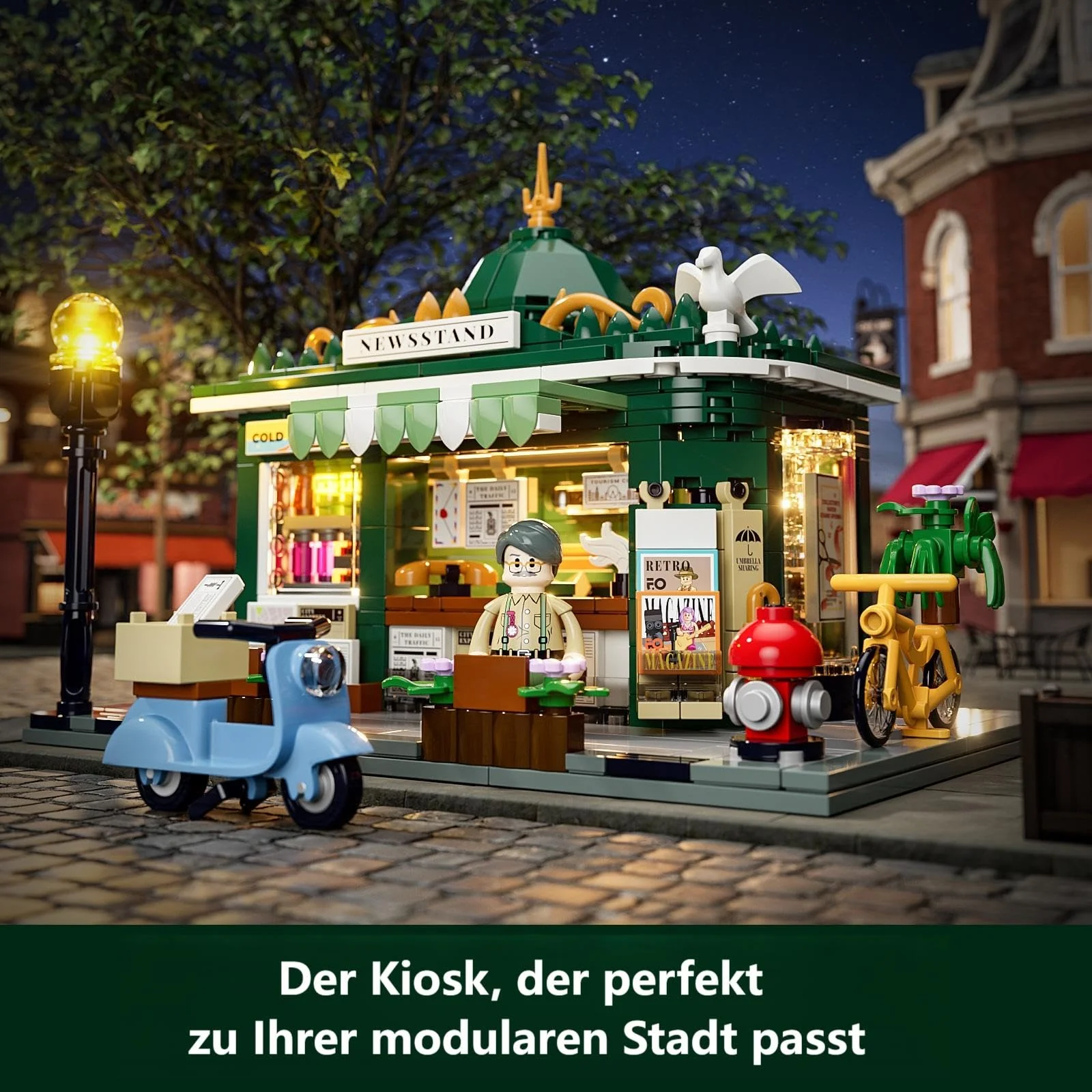 FUNWHOLE Kiosk Beleuchtung Klemmbausteine Haus, Schreibtisch-Deko, Retro Modular Building Stadtleben Set, Geschenk für Erwachsene und Jugendliche,556 Pcs,F9023,Newsstand - Image 7