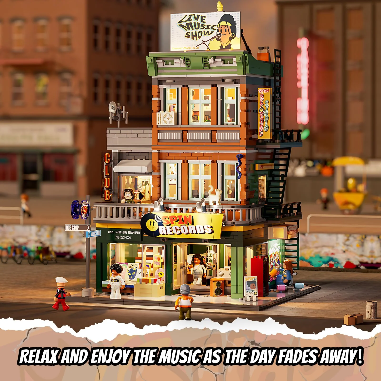 FUNWHOLE Plattenladen Beleuchtung Klemmbausteine Haus - 1980 Pcs Street Fusion Audio Shop, Multi-Form Modular Building Sammlung Kit für Erwachsene & Musikliebhaber,F9058 - Image 3