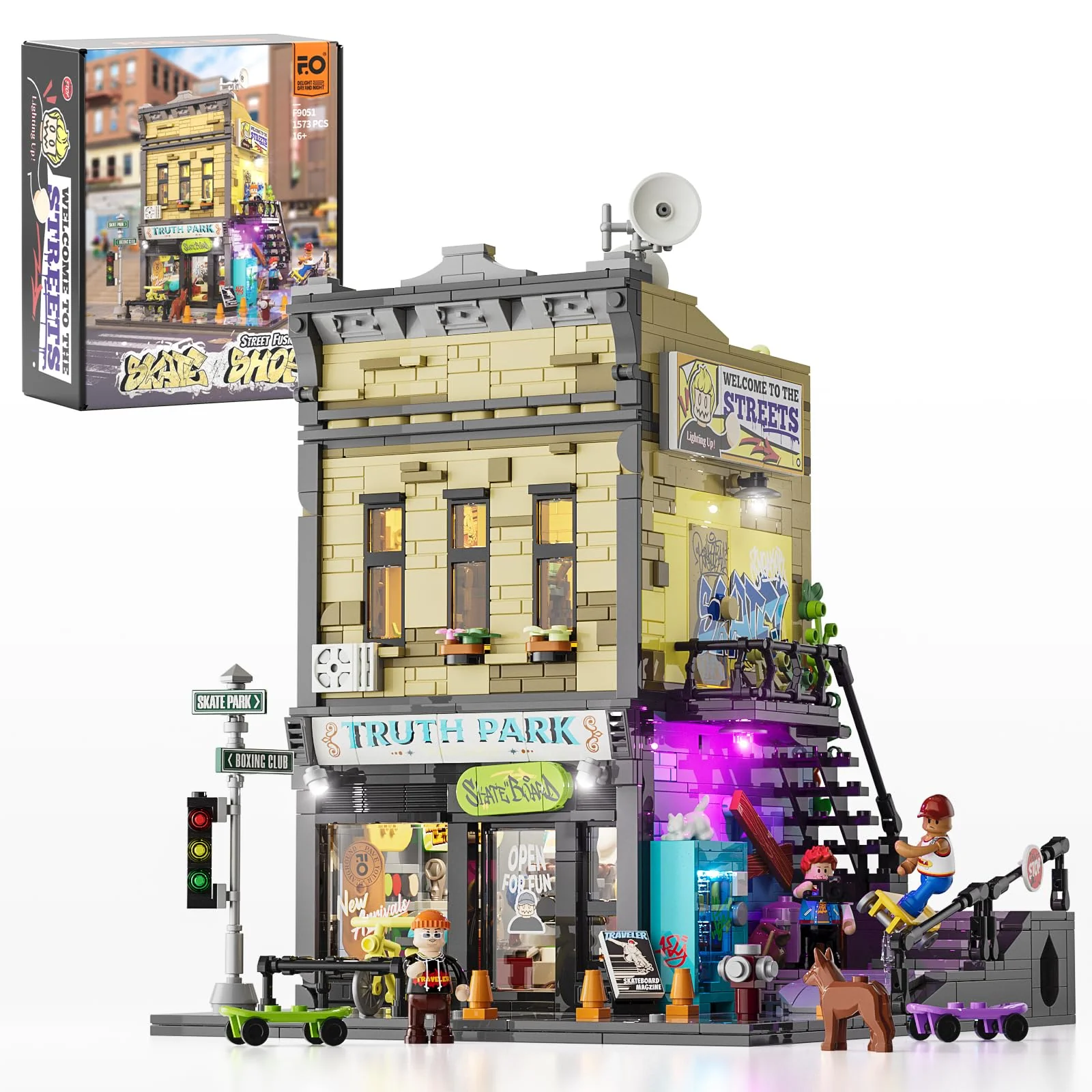 FUNWHOLE Skate Shop Bausteine Set mit LED Licht, 1573 PCS Bauklötze Straße Fusion Modell Klemmbausteine Spielzeug für Erwachsene und Jugendliche