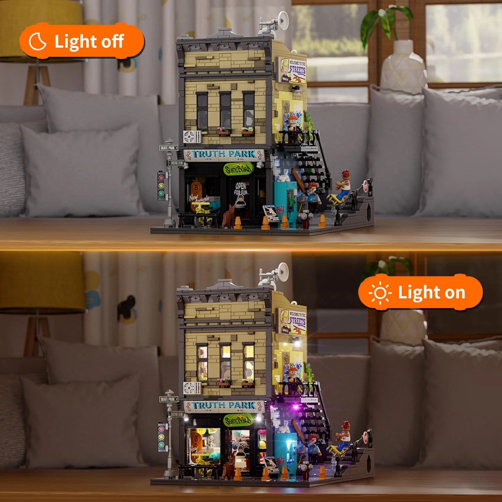 FUNWHOLE Skate Shop Bausteine Set mit LED Licht, 1573 PCS Bauklötze Straße Fusion Modell Klemmbausteine Spielzeug für Erwachsene und Jugendliche - Image 6