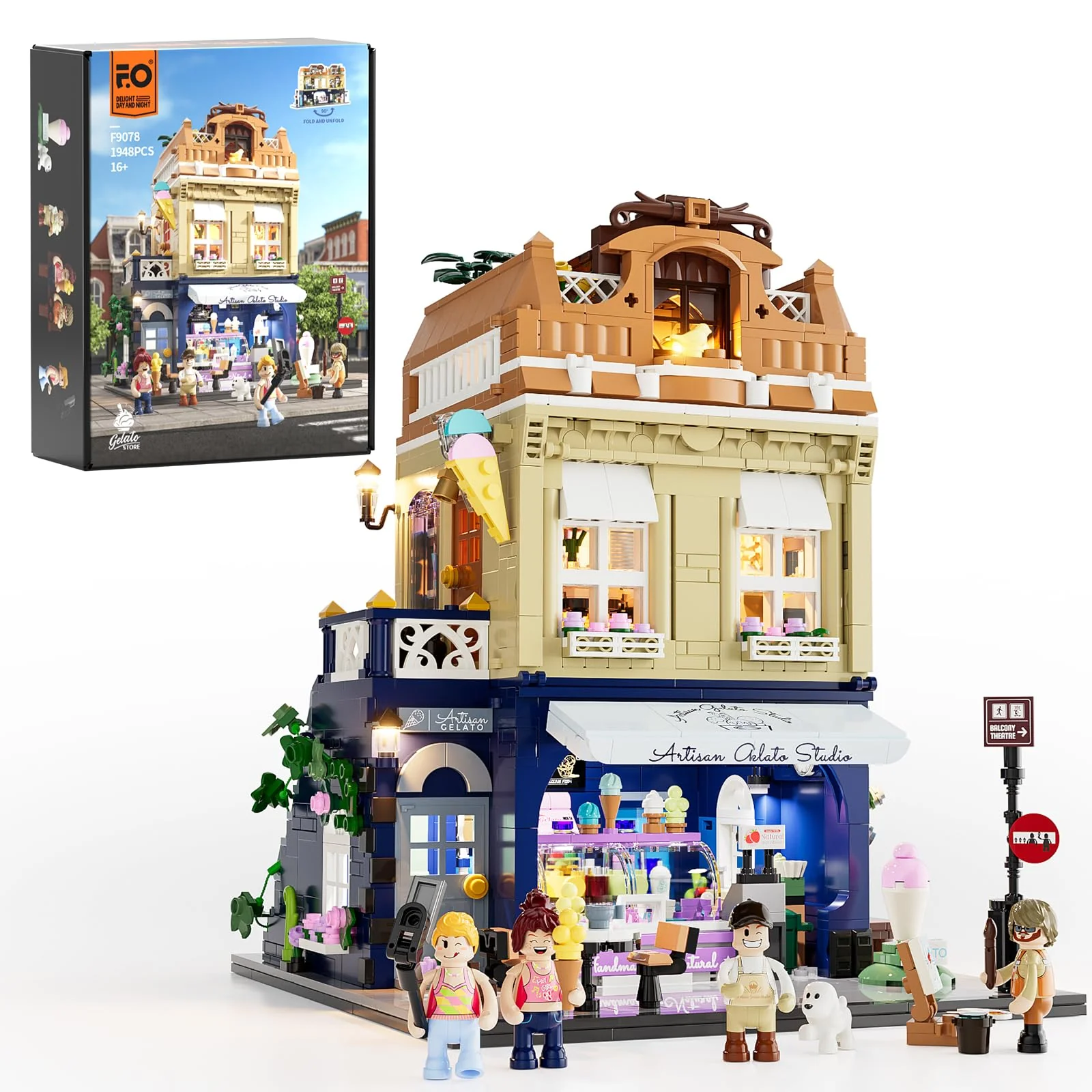 FUNWHOLE Stadtleben Eisdiele Klemmbausteine Haus,Modular Building mit Beleuchtung,F9078,Gelato Store