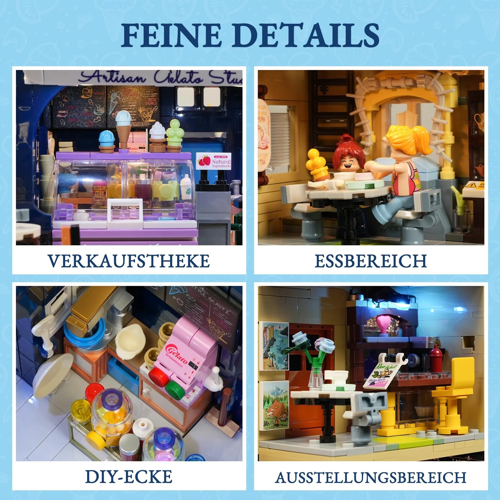 FUNWHOLE Stadtleben Eisdiele Klemmbausteine Haus,Modular Building mit Beleuchtung,F9078,Gelato Store - Image 5