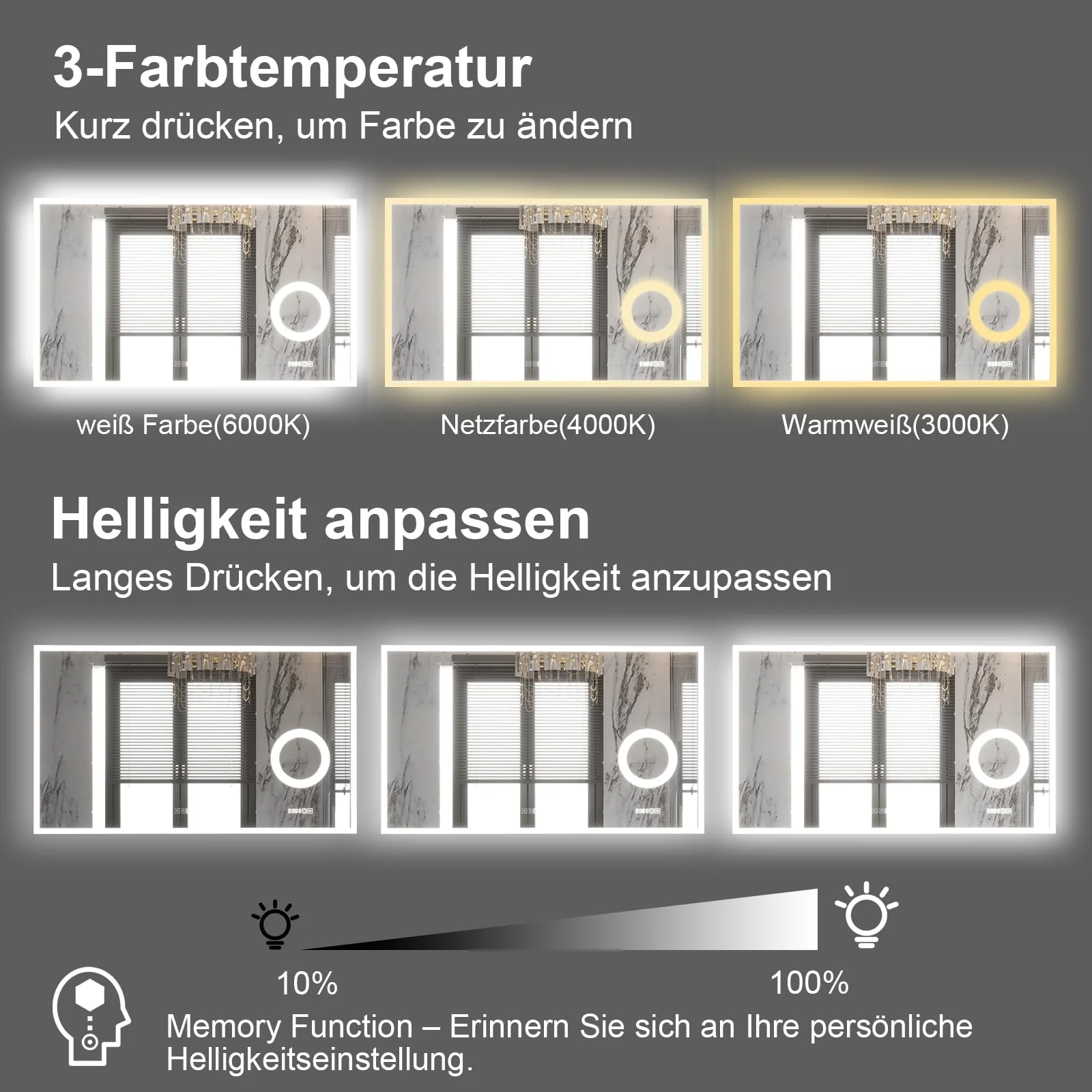 furduzz LED-Badezimmerspiegel mit 3-facher Vergrößerung, 1000x600 mm Wandspiegel mit Beleuchtung, dimmbar, Digitaluhr, Temperatur, 3 Farben, Antibeschlag, Memory-Funktion, beleuchteter Schminkspiegel - Image 5