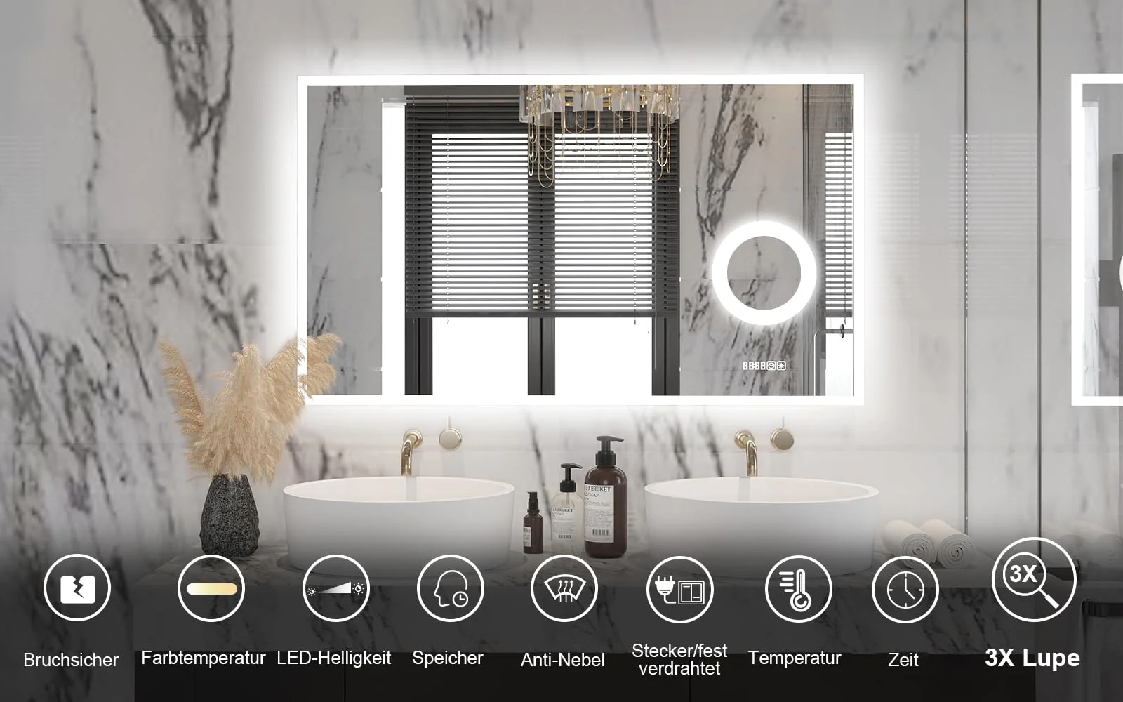 furduzz LED-Badezimmerspiegel mit 3-facher Vergrößerung, 1000x600 mm Wandspiegel mit Beleuchtung, dimmbar, Digitaluhr, Temperatur, 3 Farben, Antibeschlag, Memory-Funktion, beleuchteter Schminkspiegel - Image 7