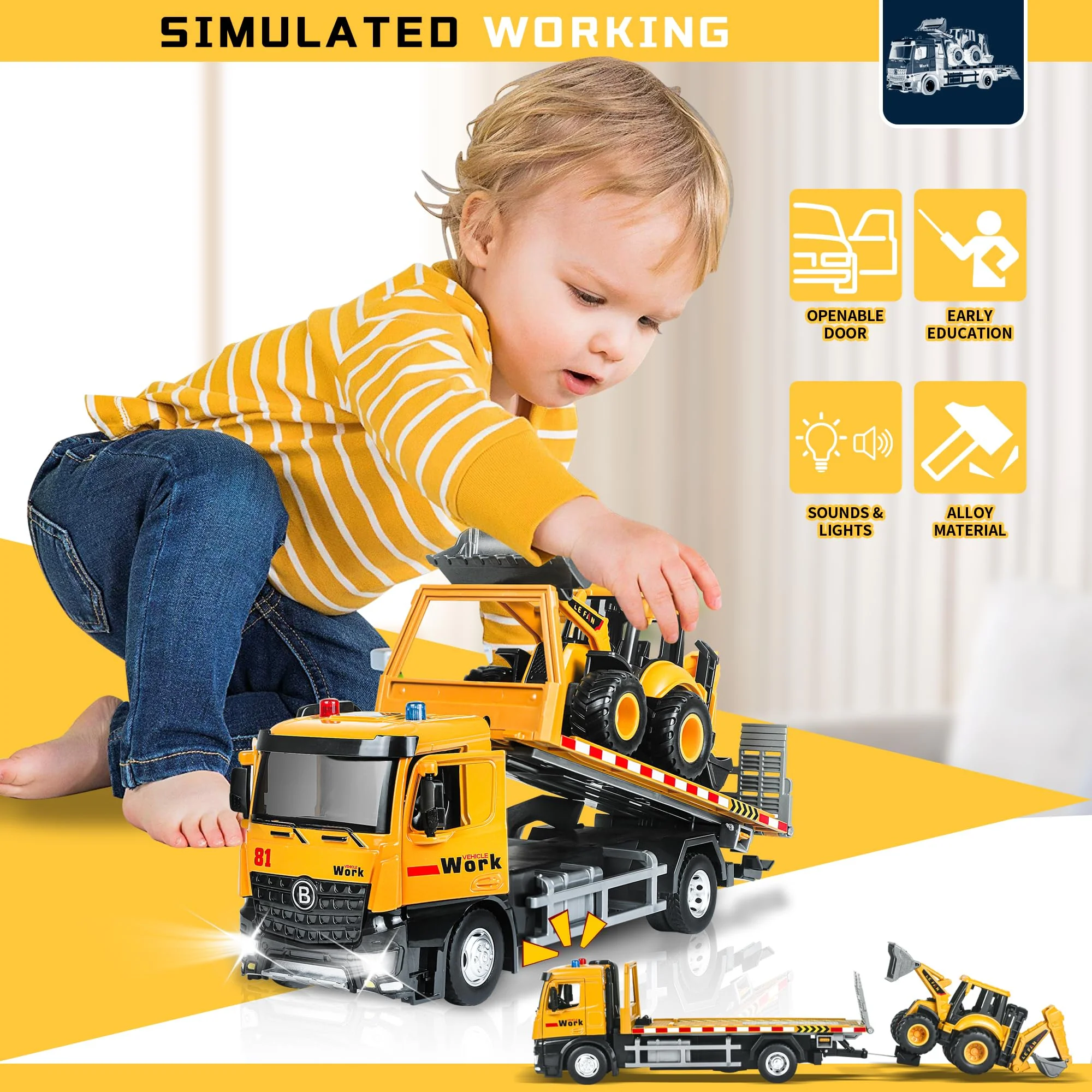 FUYLEY Abschleppwagen Spielzeug, Metallkabine Flachbett Abschleppwagen Spielzeug für Jungen Alter 3-7 mit Baggerlader, Reibung angetrieben Anhänger Baufahrzeuge mit Lichtern Sounds - Image 6