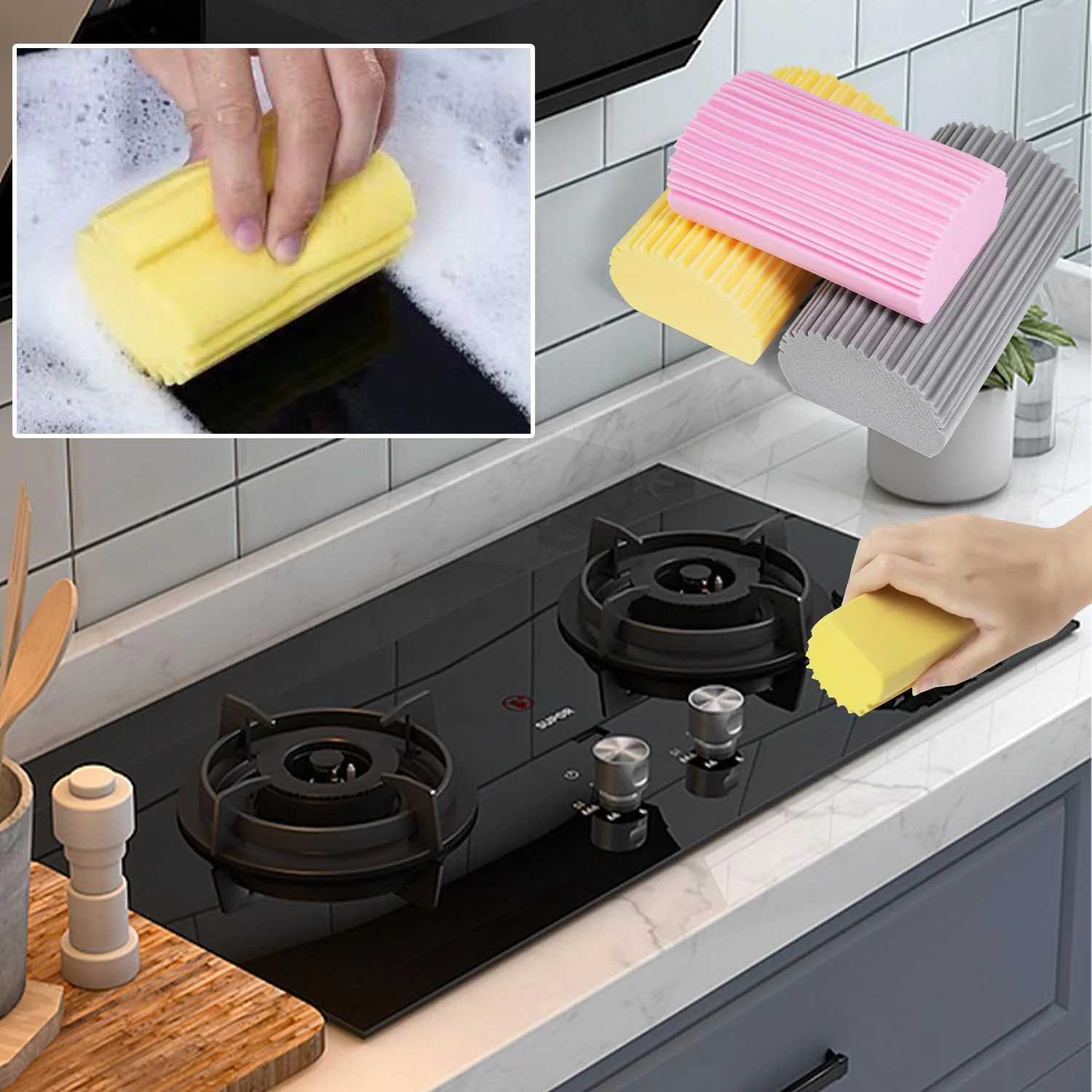 FYSL 3 Magischer Staubreinigungsschwamm & 1 Staubentfernungsbürste, Damp Duster Schwamm, Staubschwämme wiederverwendbar, Staubschwamm für Holzjalousien, Heizkörper, Fußleisten, Spiegel - Image 4