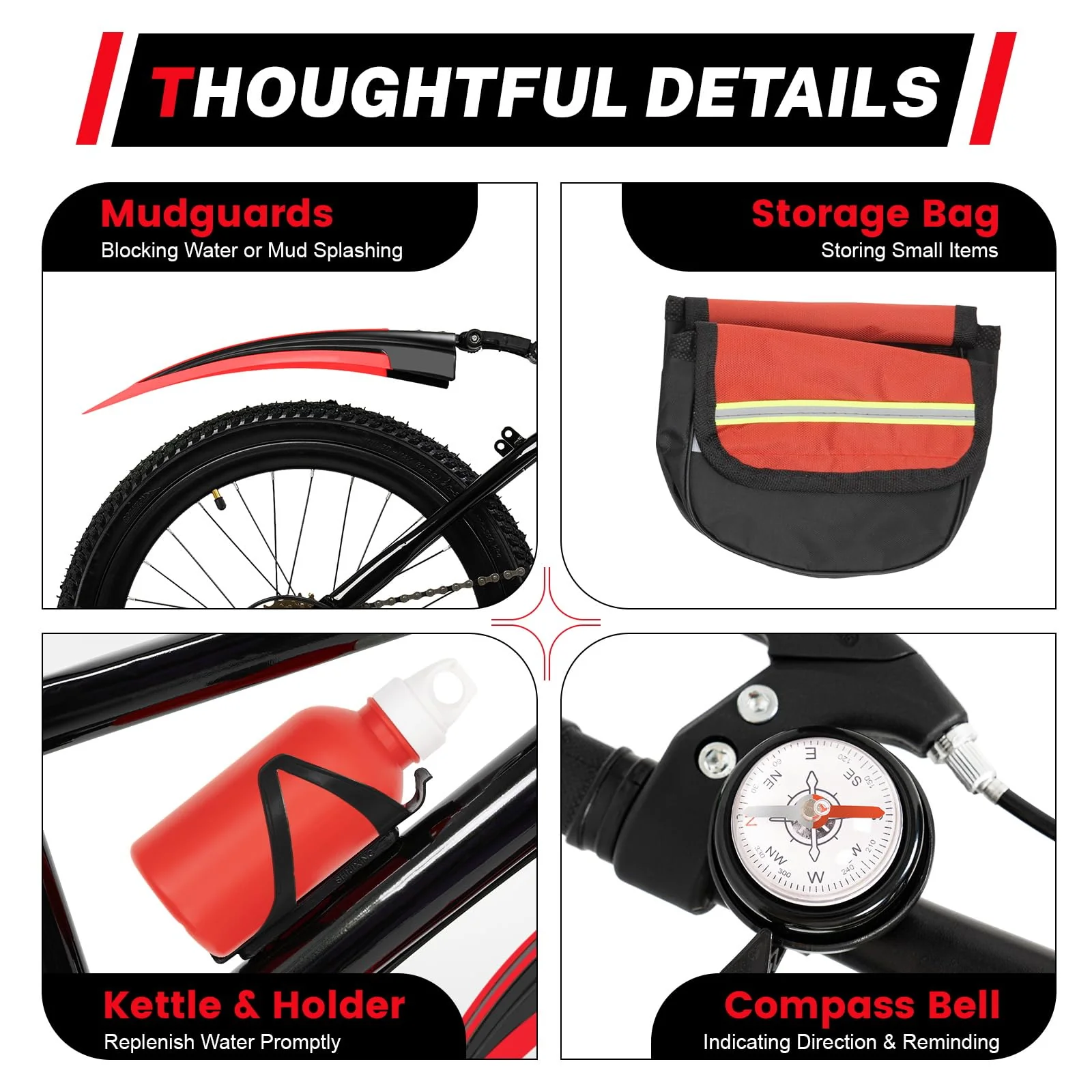Fyssnn 20 Zoll 7 Gang Kinder Höhenverstellbar Mountainbike für Jungen Mädchen | Max 85kg | Sicherheitsbremsen | Fahrrad mit Schutzblech/Stauraumtasche/Trinkflasche Set/Kompassklingel (Schwarz-Rot) - Image 6