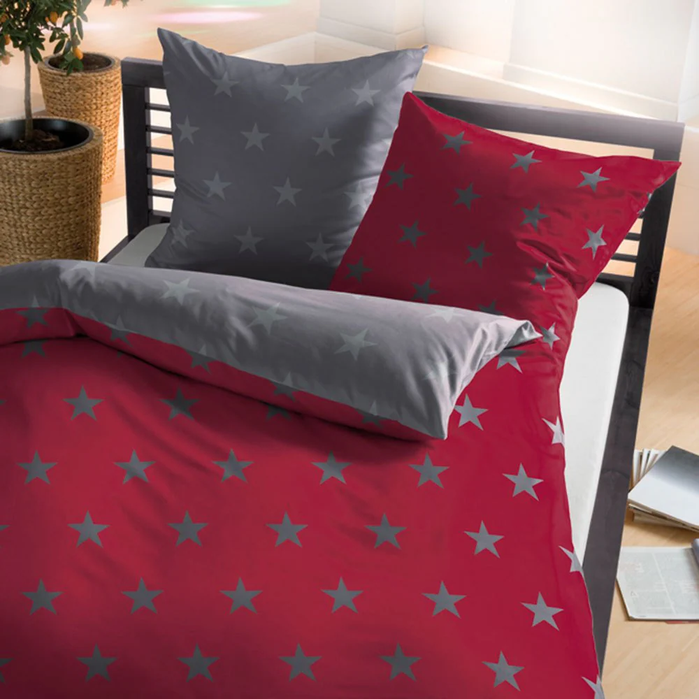G BETTWARENSHOP kuschelig weiche Biber Bettwäsche Stars Rubin aus 100% Baumwolle mit Reißverschluss - ideal für den Winter 155x220 cm + 80x80 cm - Image 3