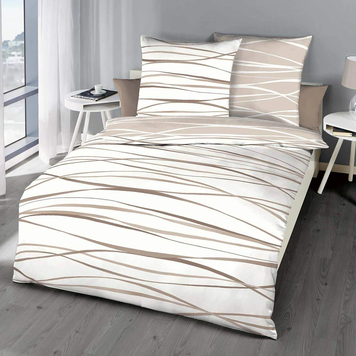 G BETTWARENSHOP kuschelig weiche, Moderne Biber Bettwäsche Motion Natur aus 100% Baumwolle mit Reißverschluss 135x200 cm + 80x80 cm - Image 5