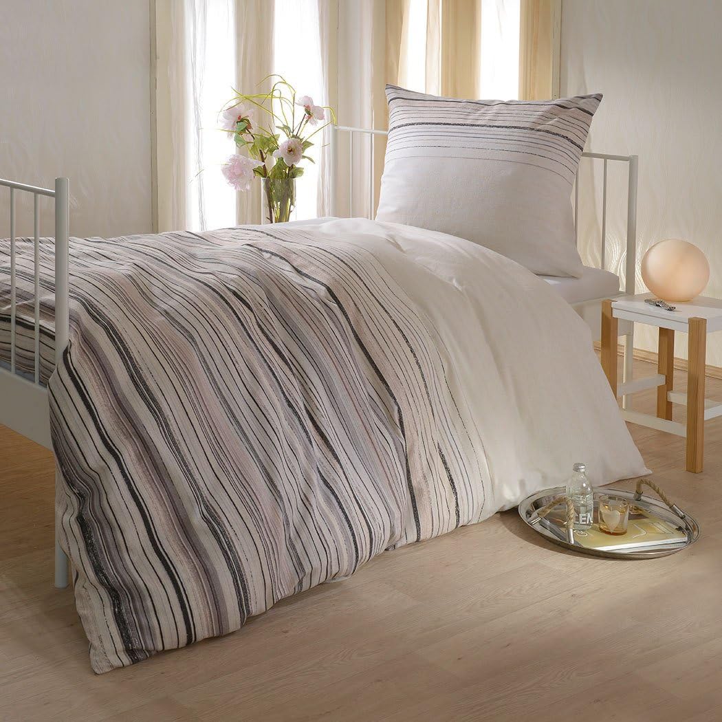 G BETTWARENSHOP wohlig warme Biber Bettwäsche Streifen beige aus 100% Baumwolle mit Reißverschluss - Made in Germany 240x220 cm + 2X 80x80 cm - Image 8