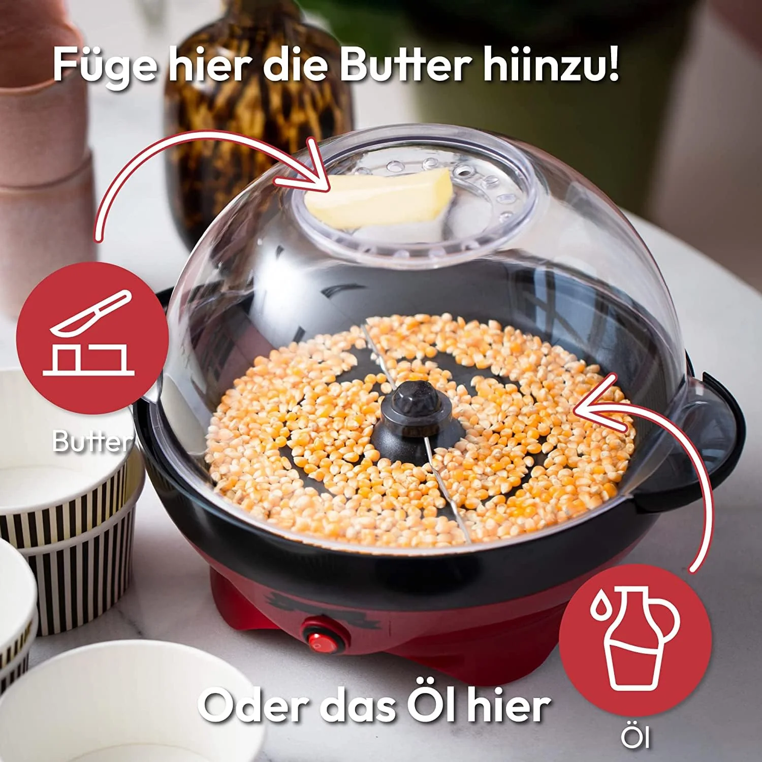 Gadgy Popcorn Maschine groß - Retro Popcorn Maker 5 L - Popcorn Maker mit Antihaftbeschichtung und abnehmbarer Heizfläche - Popkorn Maschine rot - Popcornmaschine 800W - Popcorn machine - Image 8