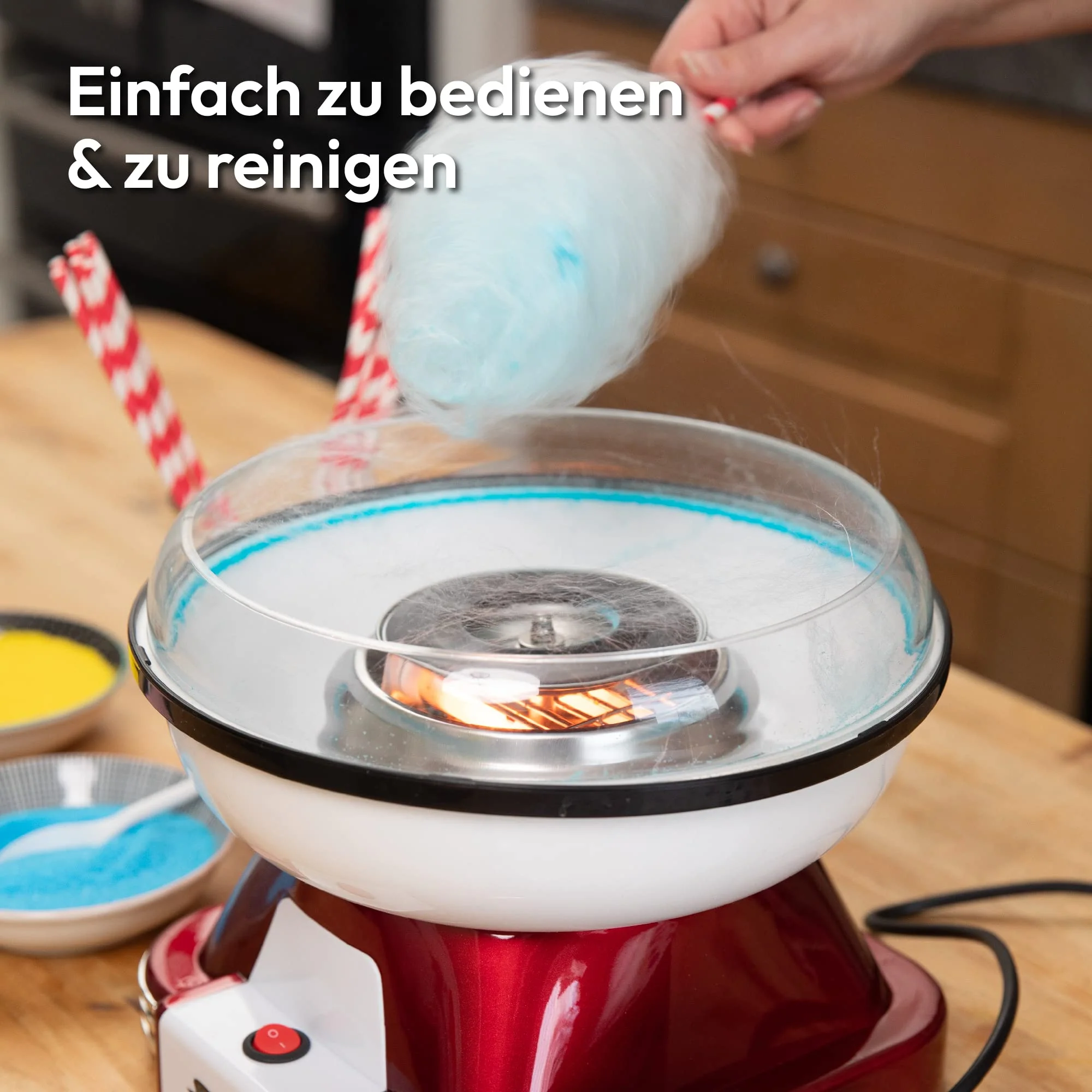 Gadgy Zuckerwattemaschine - Retro Cotton Candy Machine - Zuckerwatte Maschine mit Stäbchen und Messlöffel - Höhe 22 cm Rot Weiß - 500 Watt Zuckerwattenmaschiene für zuhause - Image 5