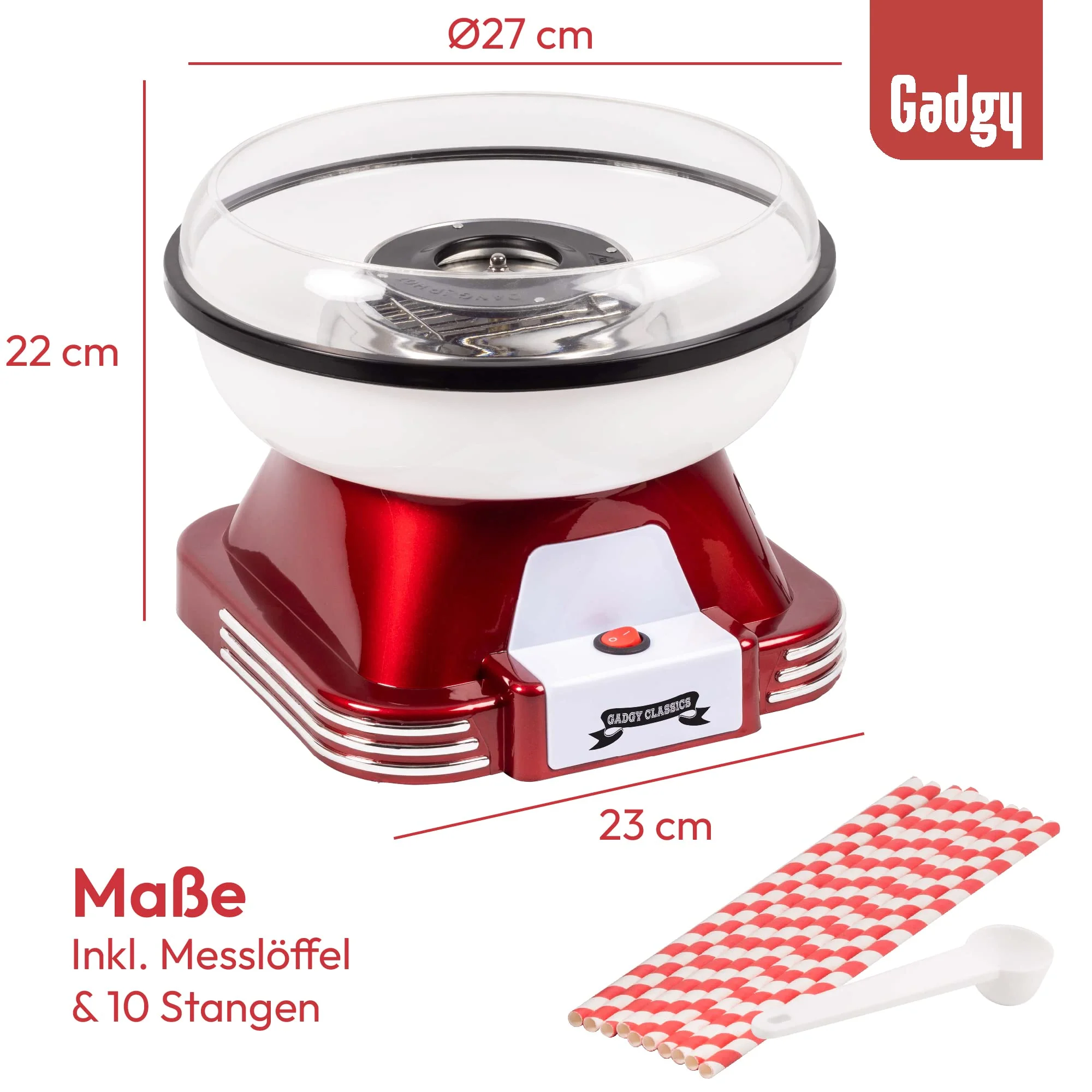 Gadgy Zuckerwattemaschine - Retro Cotton Candy Machine - Zuckerwatte Maschine mit Stäbchen und Messlöffel - Höhe 22 cm Rot Weiß - 500 Watt Zuckerwattenmaschiene für zuhause - Image 8