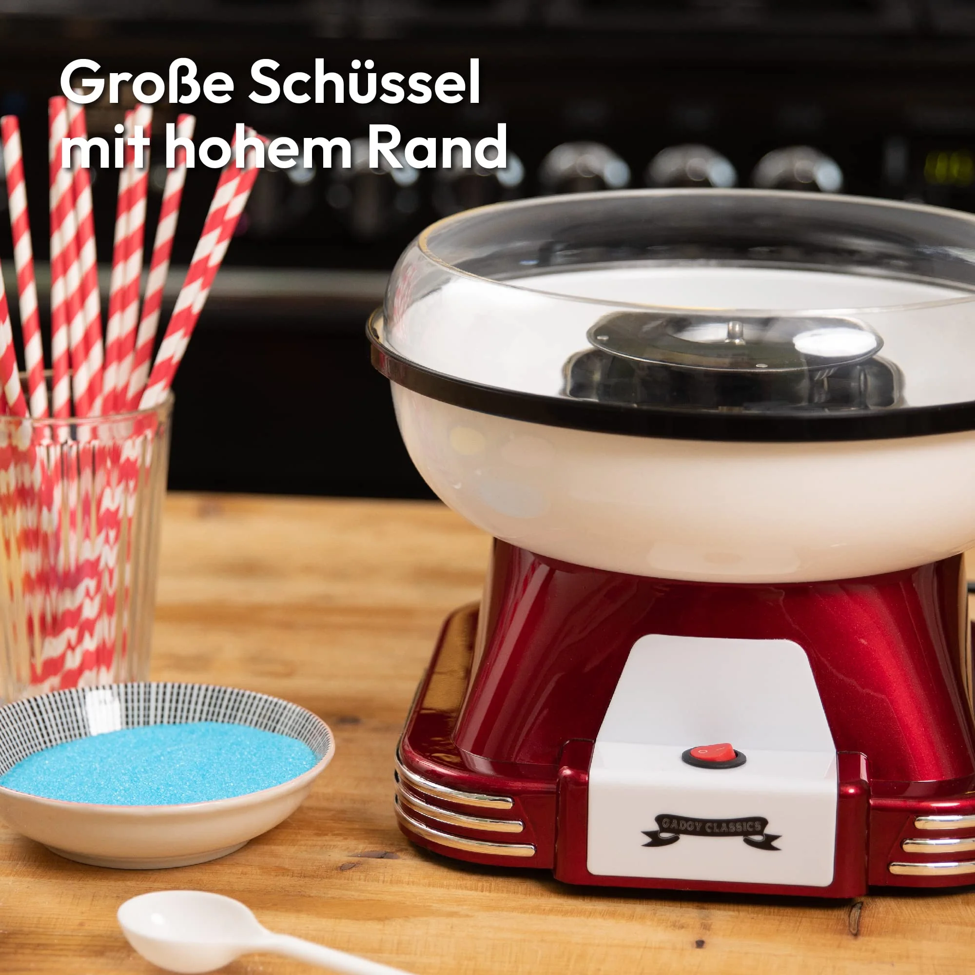 Gadgy Zuckerwattemaschine - Retro Cotton Candy Machine - Zuckerwatte Maschine mit Stäbchen und Messlöffel - Höhe 22 cm Rot Weiß - 500 Watt Zuckerwattenmaschiene für zuhause - Image 9