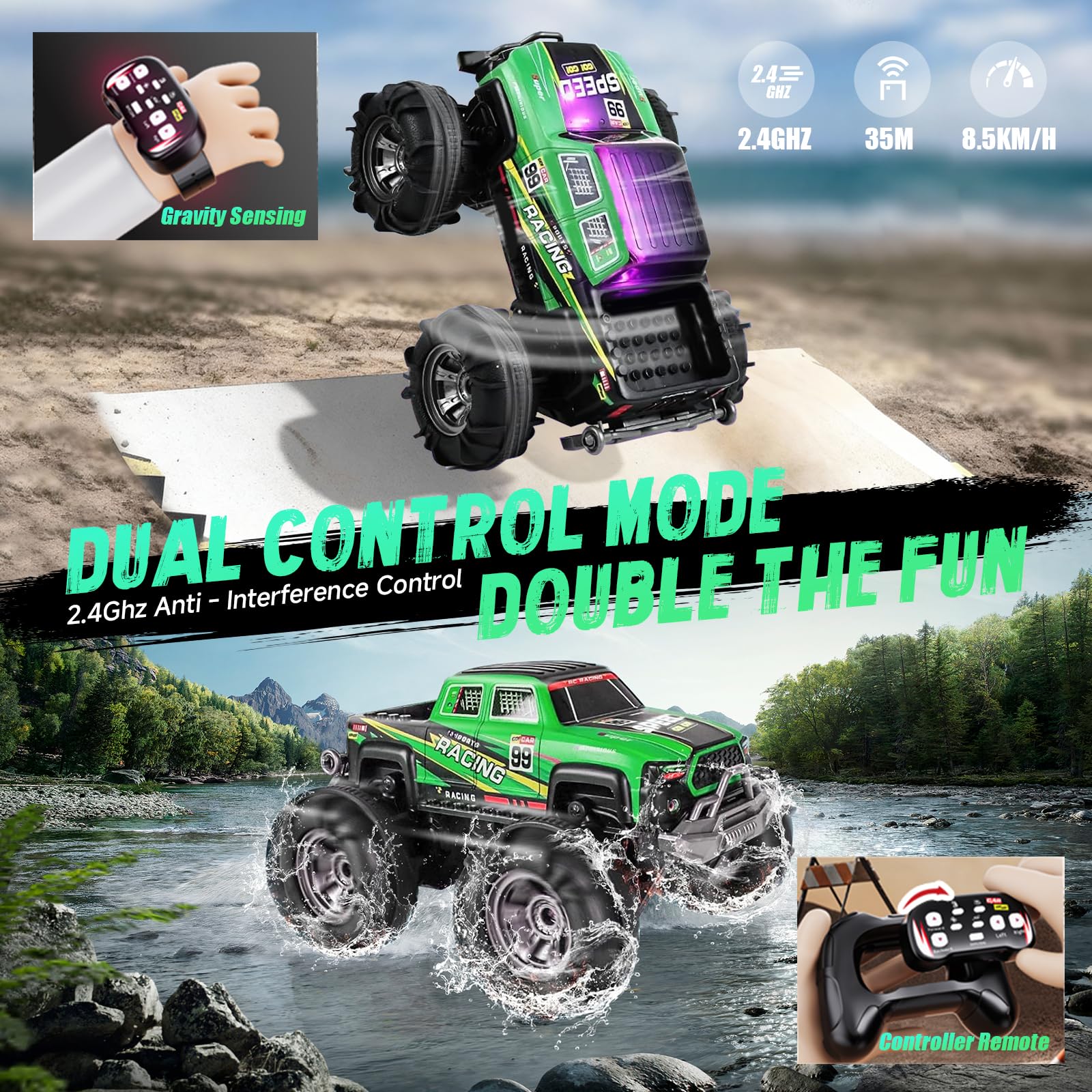 Gaeymy Amphibisches Ferngesteuertes Auto, 1:18 RC Auto Wasserdicht mit Gestensensor und LED Licht, 2,4 GHZ 4WD 360° Drift für Kinder - Image 5