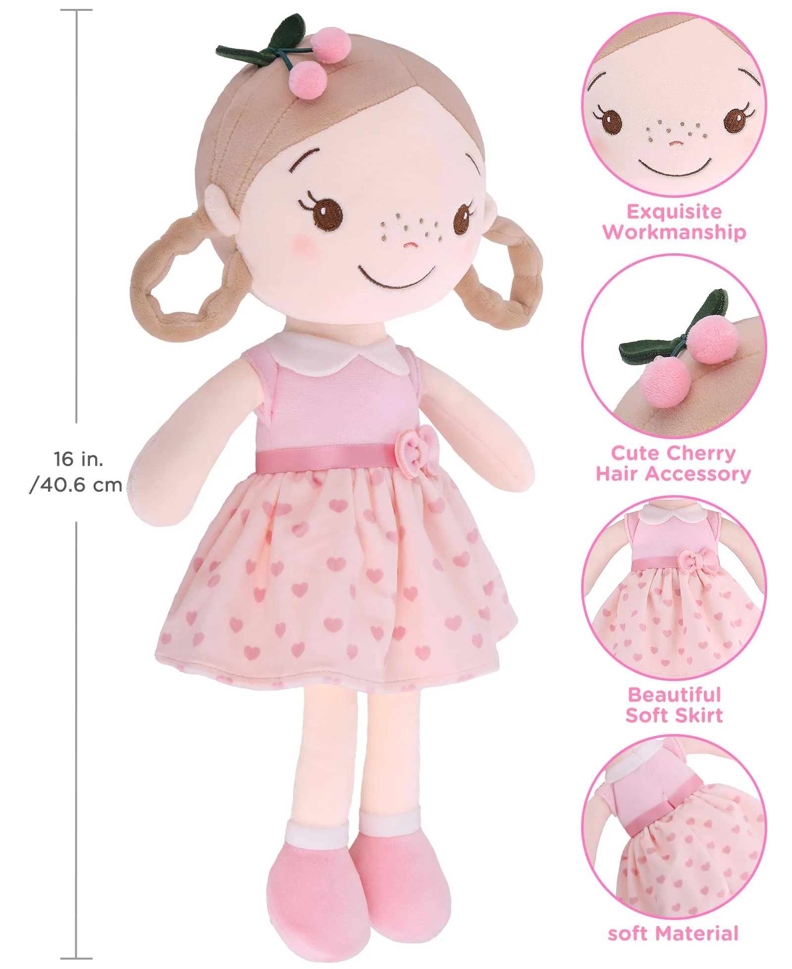 GAGAKU 40 cm Weiche Stoffpuppe, Schutzengelpuppen, Taufgeschenk für Baby Mädchen, Kuscheltier, Glücksbringer für Kinder von 3-5 Jahren (40cm Kirschmädchen) - Image 7