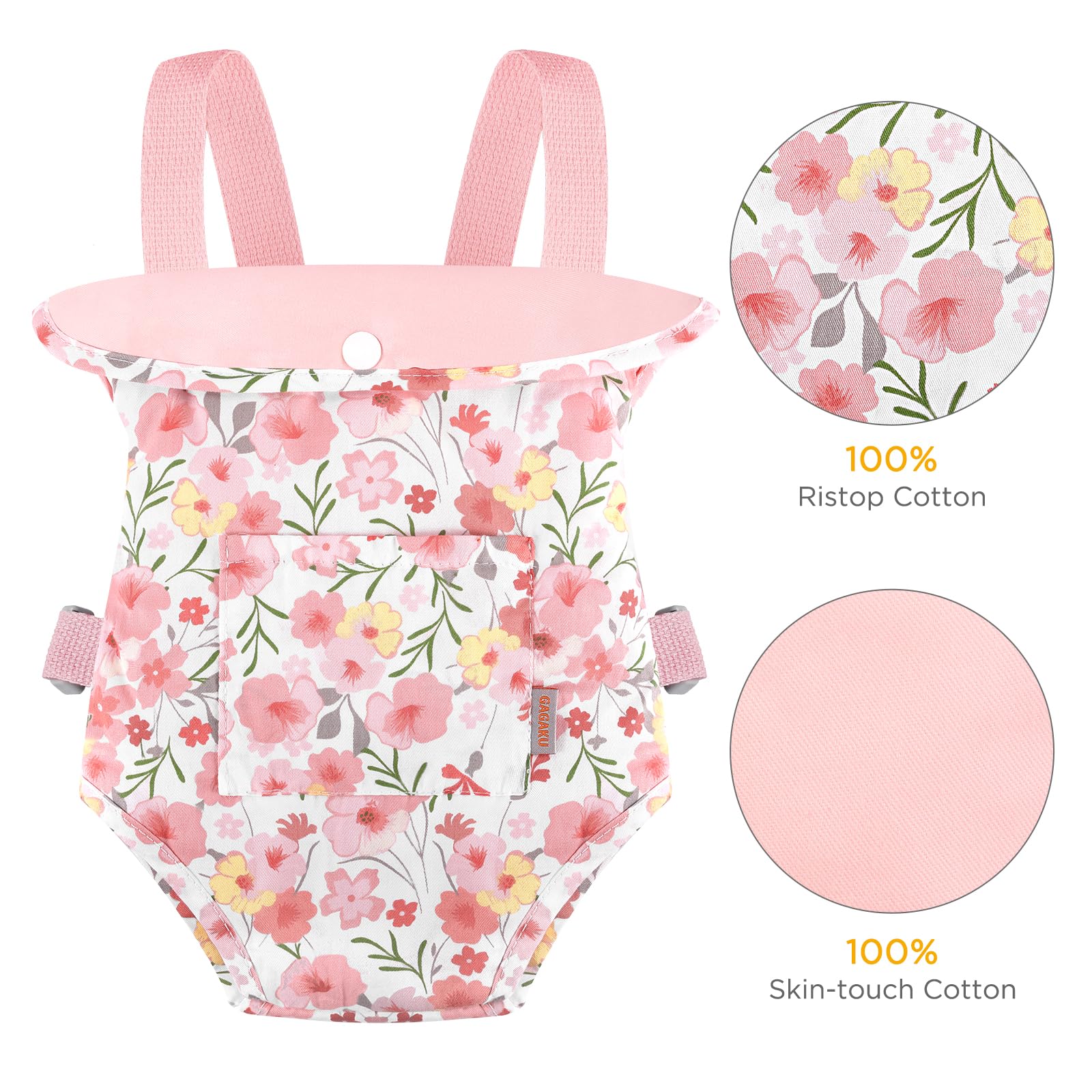 GAGAKU Puppentrage Puppen Kinder Puppenwagen ab 3 Jahre Tragetuch Baby Tragegurt Zubehör 100% Baumwolle - Rosa Hibiskusblüte - Image 5