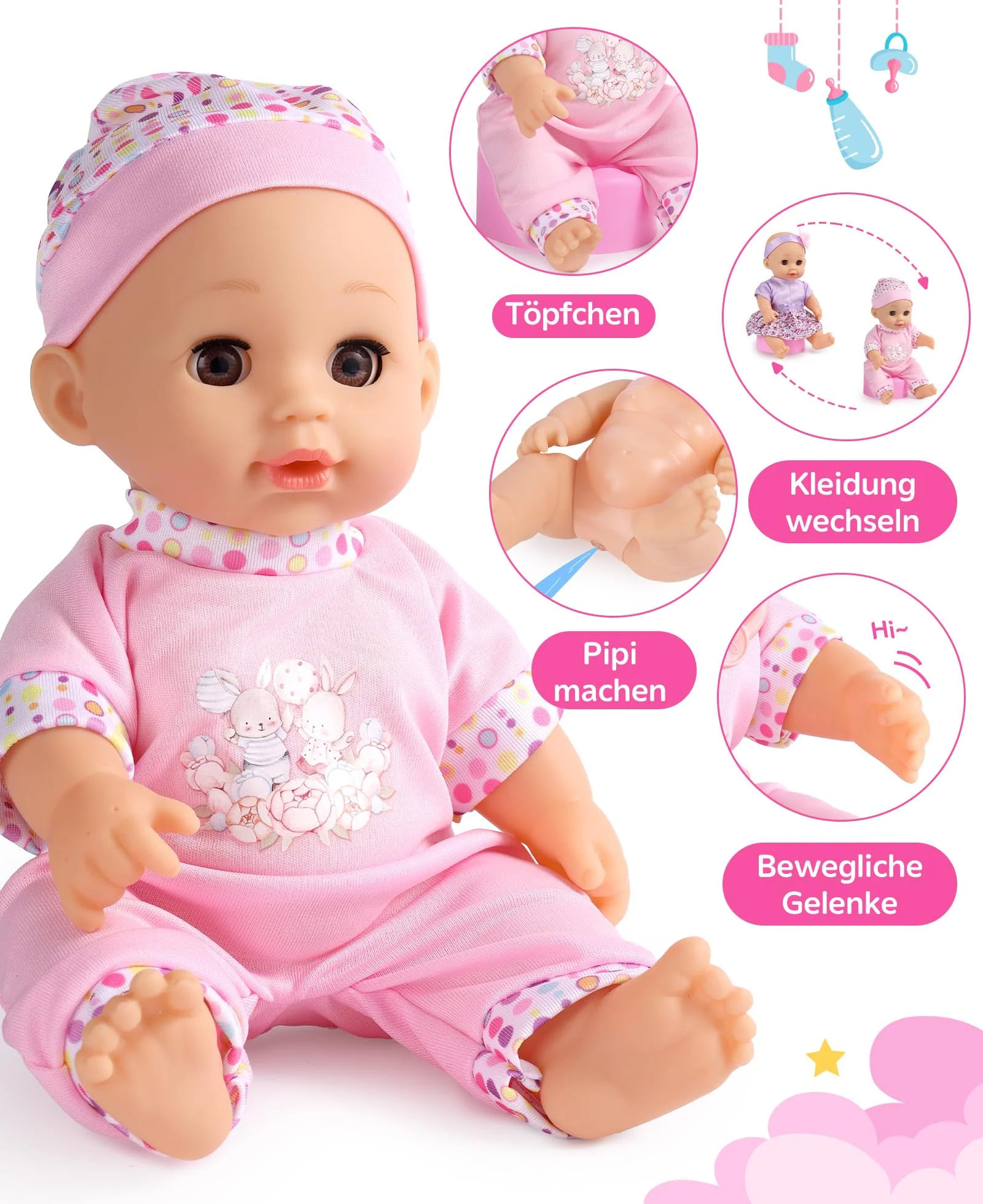 GAGAKU Puppenwagen Set mit 30cm Puppe & Zubehör, Spielzeug-Buggy faltbar für Mädchen ab 1 2 3 4 5 6 Jahre, Baby Puppenwagen für Kinder, mit 30cm Puppe & Accessoires - Image 6
