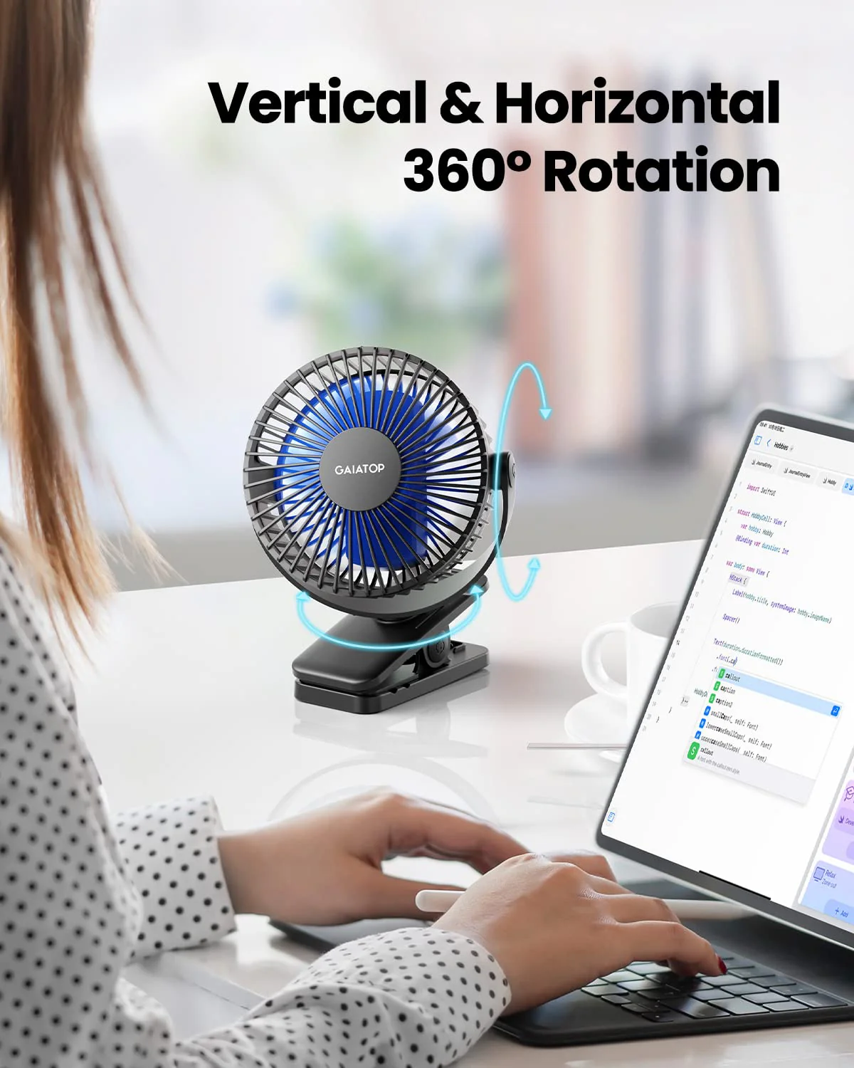 Gaiatop Tragbarer Ventilator zum Anklippen, batteriebetrieben, kleiner leistungsstarker USB-Schreibtischventilator, 3 Geschwindigkeiten, wiederaufladbare Mini-Tischventilator, Schwarz, Blau, (CF40) - Image 6