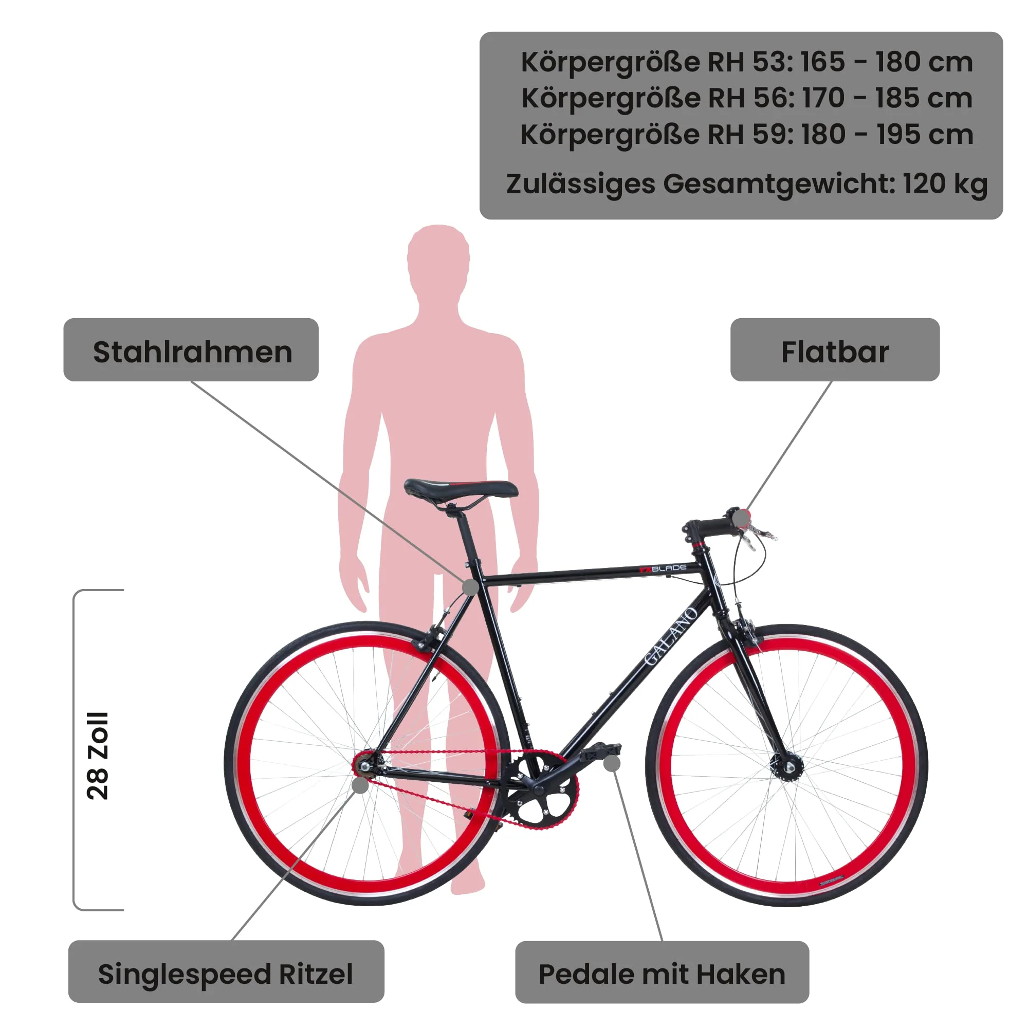Galano 700C 28 Zoll Fixie Singlespeed Bike Blade 5 Farben zur Auswahl, Rahmengrösse:56 cm, Farbe:schwarz/rot - Image 5