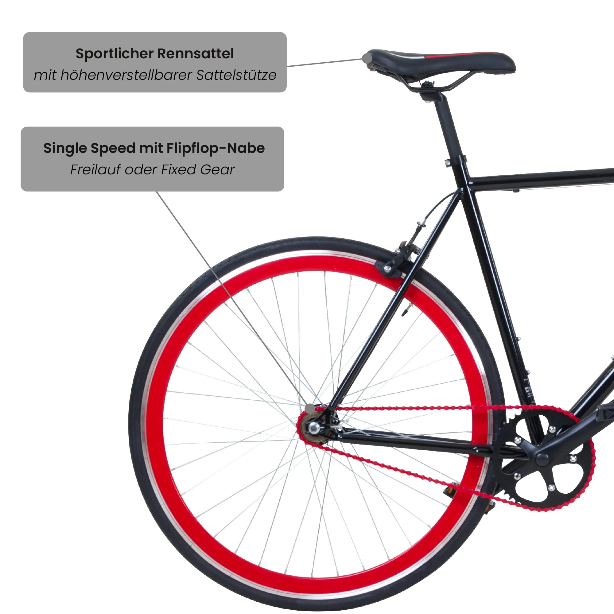 Galano 700C 28 Zoll Fixie Singlespeed Bike Blade 5 Farben zur Auswahl, Rahmengrösse:56 cm, Farbe:schwarz/rot - Image 6