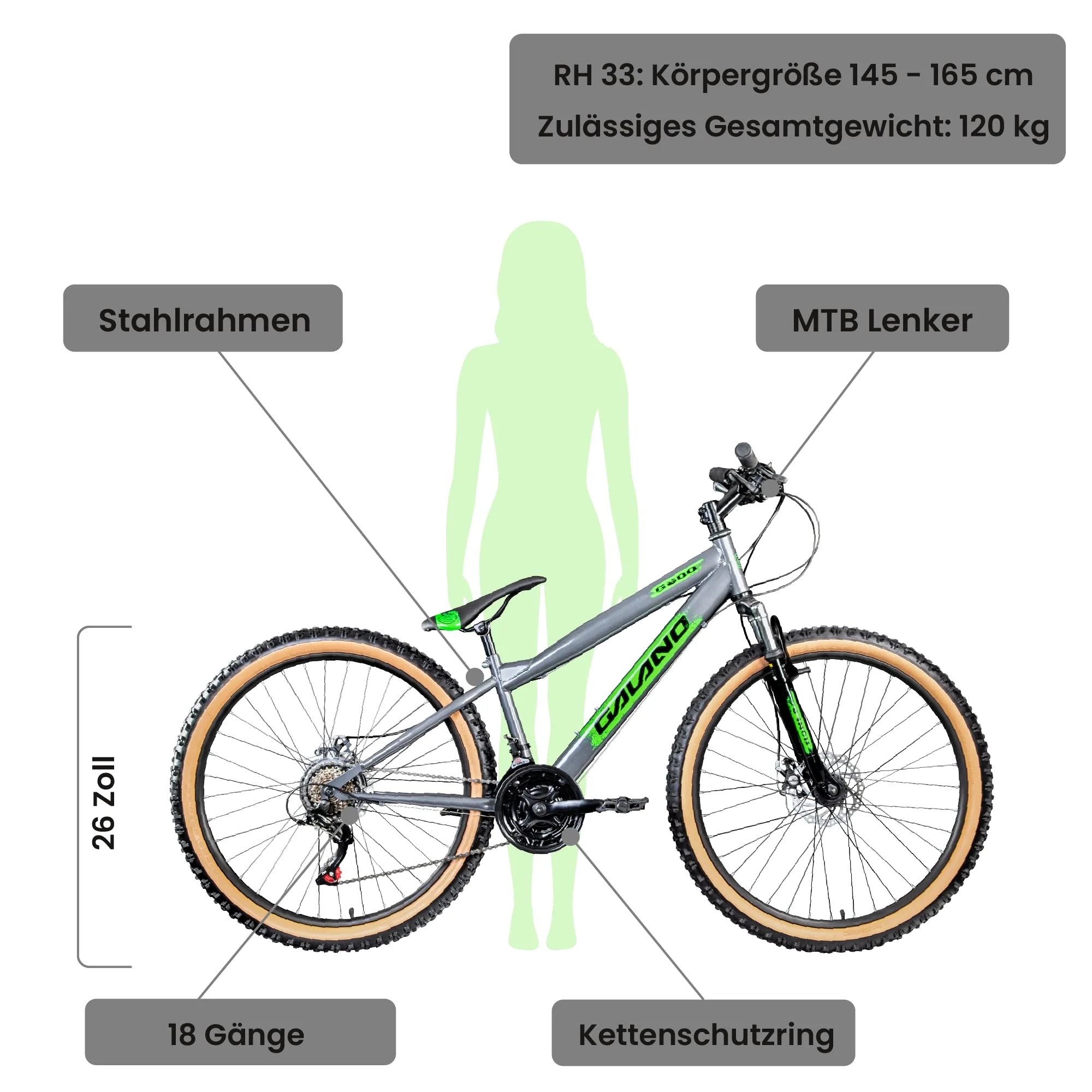 Galano Dirtbike 26 Zoll MTB G600 Mountainbike Fahrrad 18 Gang Dirt Bike Rad (grau/grün, 33 cm) - Image 4