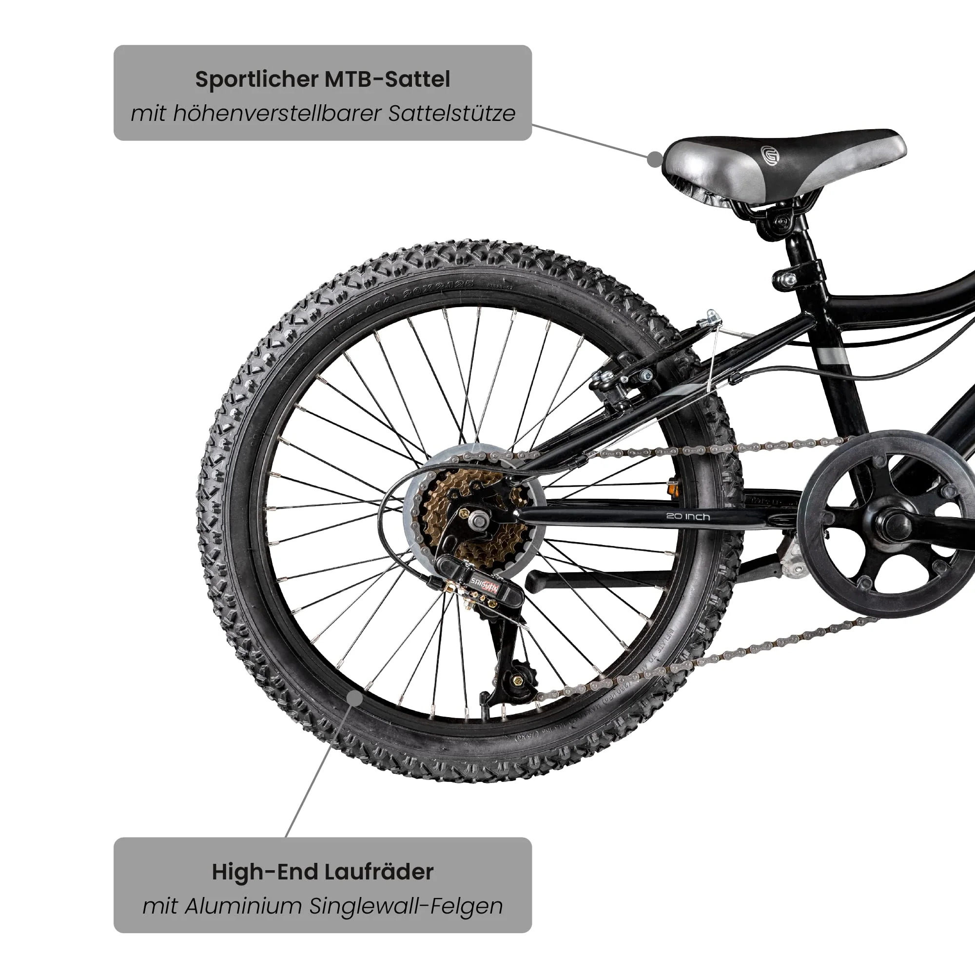 Galano GA20 20 Zoll Kinderfahrrad MTB Jugendfahrrad Mountainbike Jugend Kinder Fahrrad ab 6 (schwarz/grau, 26 cm) - Image 6