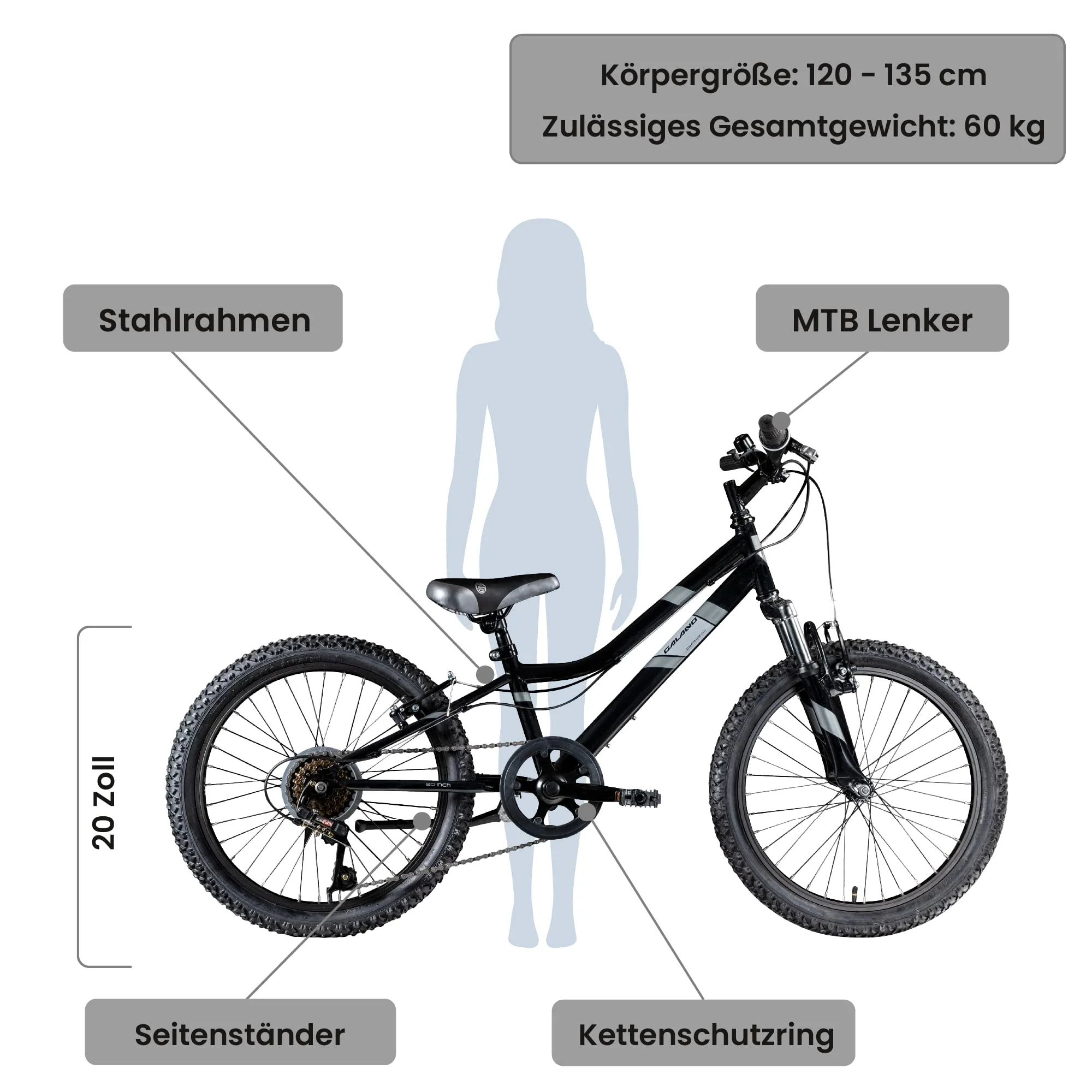 Galano GA20 20 Zoll Kinderfahrrad MTB Jugendfahrrad Mountainbike Jugend Kinder Fahrrad ab 6 (schwarz/grau, 26 cm) - Image 7