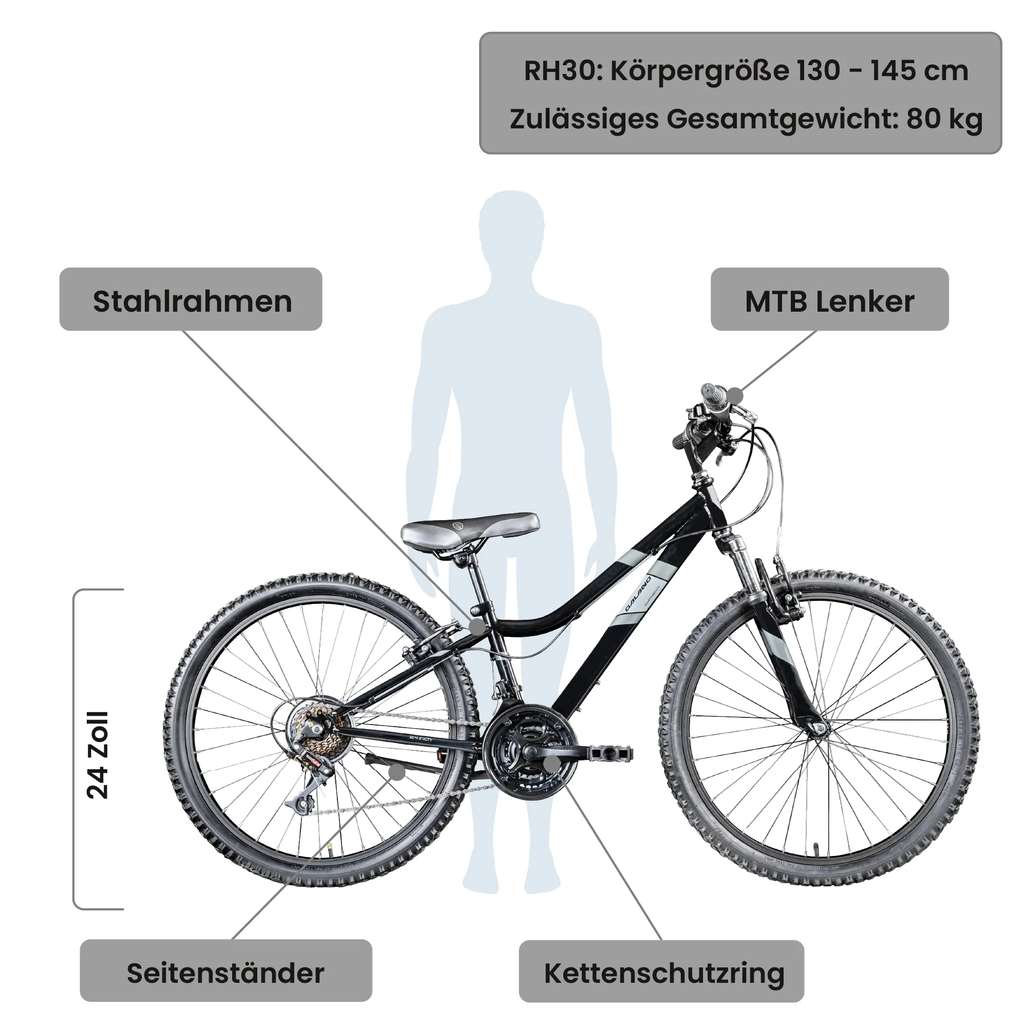Galano GA20 Mountainbike 24 Zoll Jungen Mädchen Fahrrad für Jugendliche Jugendfahrrad MTB Hardtail Jugend Kinder Fahrrad ab 8 Jahre Mountain Bike 21 Gänge (schwarz/grau, 30 cm) - Image 8