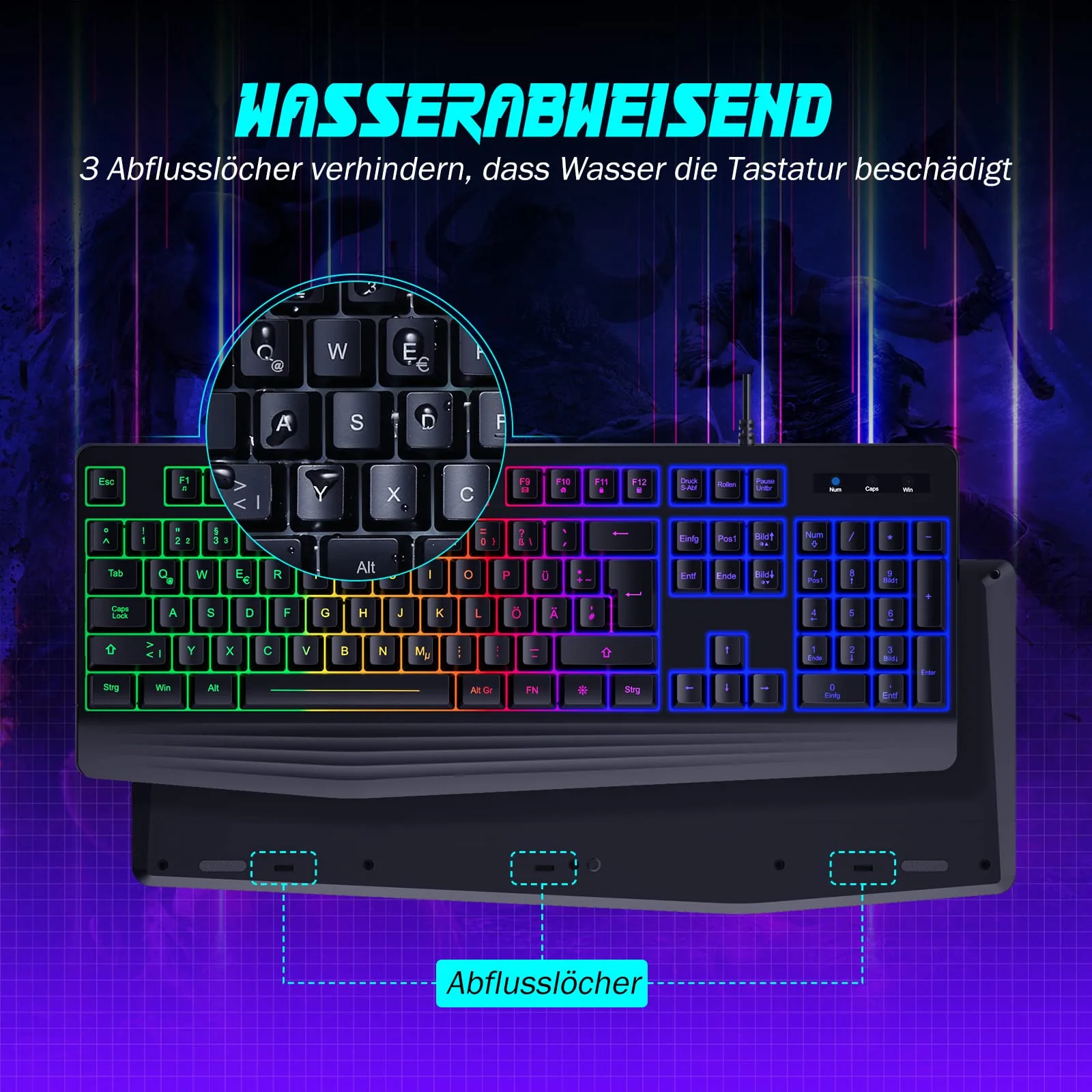 Gaming Tastatur PC, PS4 Tastatur USB, Regenbogen Beleuchtete Tastatur LED, Langlebig, Ergonomisch, Wasserdicht, Leise Tasten, Gaming Keyboard ideal für PC Mac Xbox PS4 Gamer|Büro(Deutsches Layout)