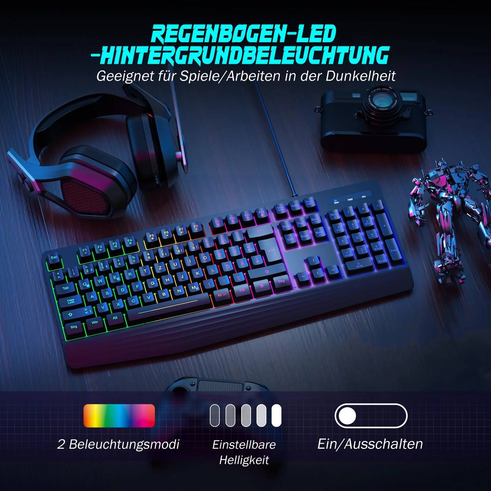 Gaming Tastatur PC, PS4 Tastatur USB, Regenbogen Beleuchtete Tastatur LED, Langlebig, Ergonomisch, Wasserdicht, Leise Tasten, Gaming Keyboard ideal für PC Mac Xbox PS4 Gamer|Büro(Deutsches Layout) - Image 3