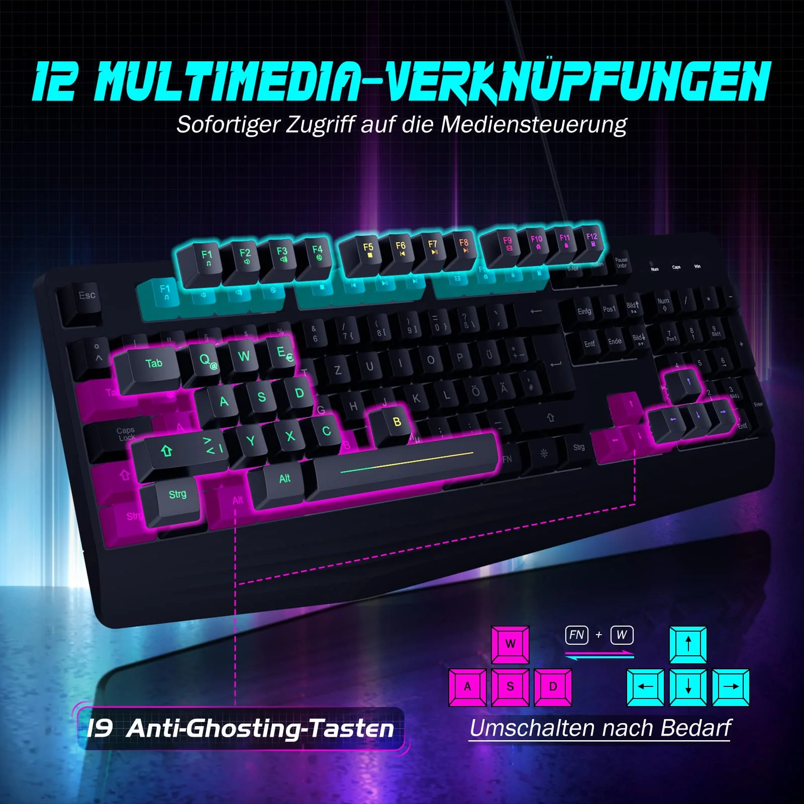 Gaming Tastatur PC, PS4 Tastatur USB, Regenbogen Beleuchtete Tastatur LED, Langlebig, Ergonomisch, Wasserdicht, Leise Tasten, Gaming Keyboard ideal für PC Mac Xbox PS4 Gamer|Büro(Deutsches Layout) - Image 5