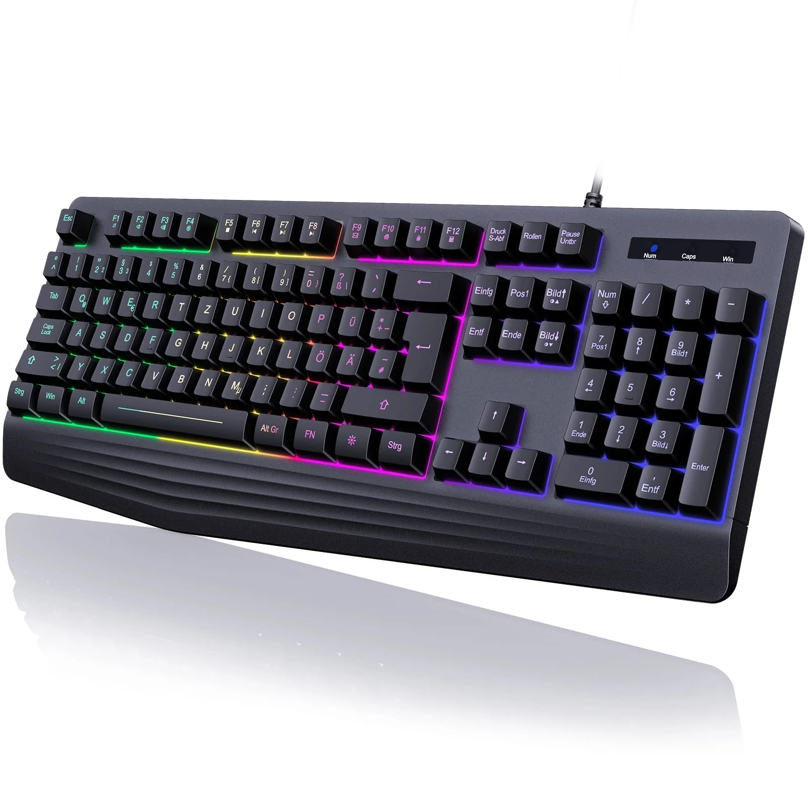 Gaming Tastatur PC, PS4 Tastatur USB, Regenbogen Beleuchtete Tastatur LED, Langlebig, Ergonomisch, Wasserdicht, Leise Tasten, Gaming Keyboard ideal für PC Mac Xbox PS4 Gamer|Büro(Deutsches Layout) - Image 6