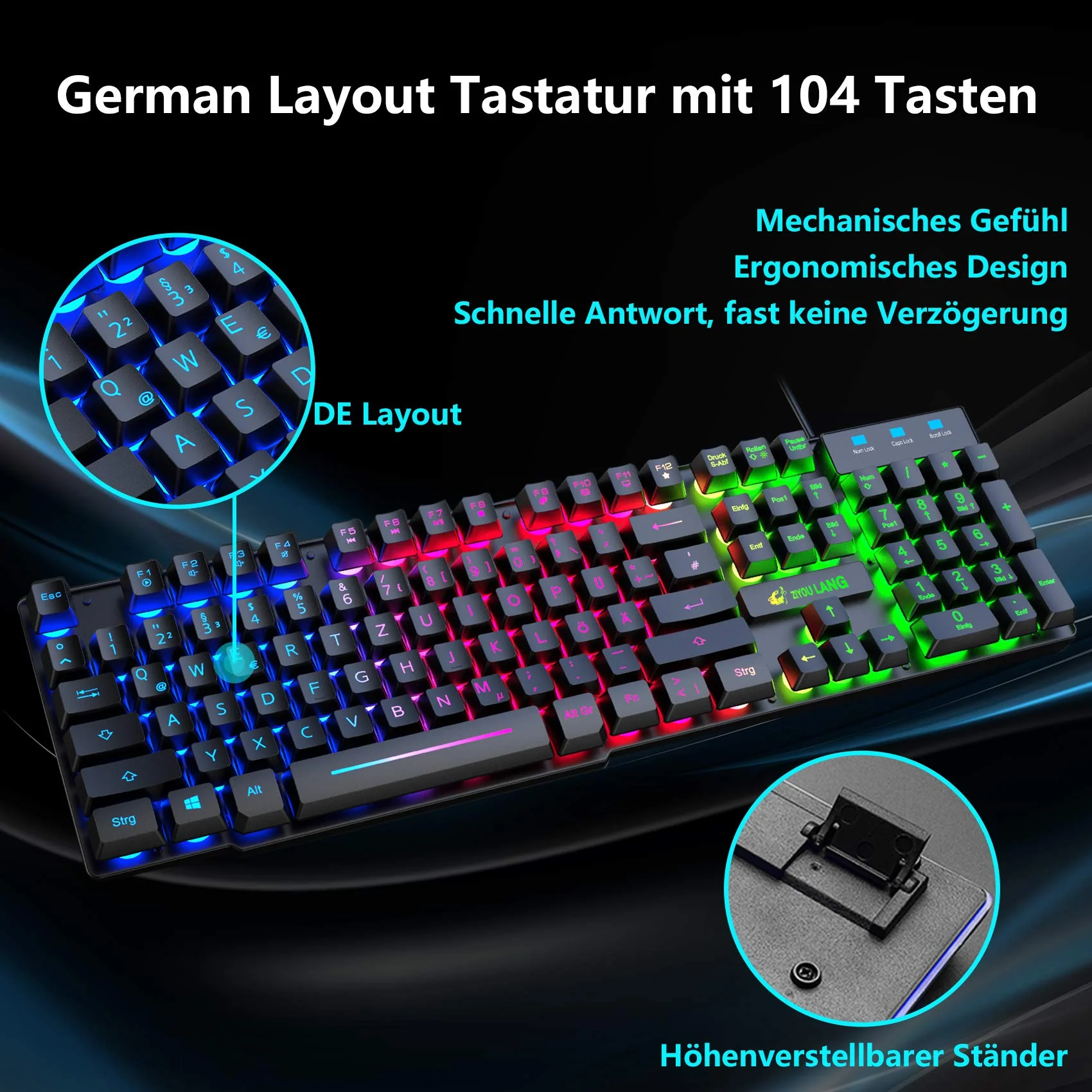 Gaming Tastatur Und Maus Set, QWERTZ German Layout Regenbogen LED Hintergrundbeleuchtung Ergonomische Keyboard 6 Tasten 2400 DPI Maus und Mauspad, USB Verkabelt, Kompatibel mit PS4 Xbox, Schwarz - Image 3