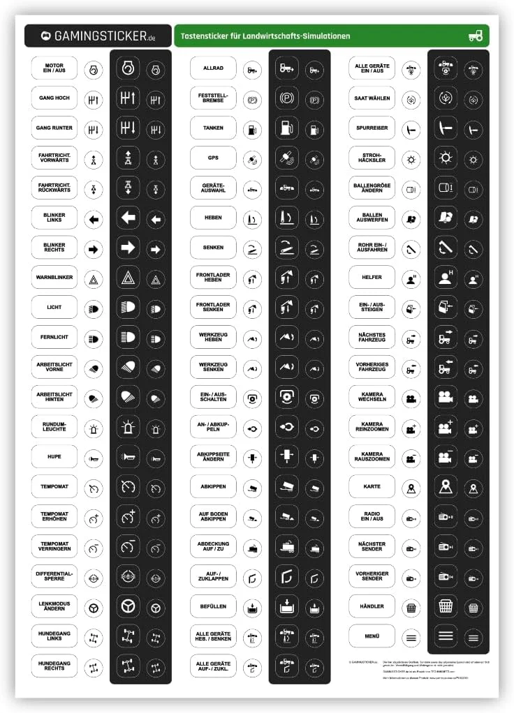 GAMINGSTICKER Tastensticker für Landwirtschafts-Simulationen - Farming Sim LS Sticker Aufkleber mit Icons/Symbolen für Tastenbelegung, PC- und Gaming-Zubehör - Image 7