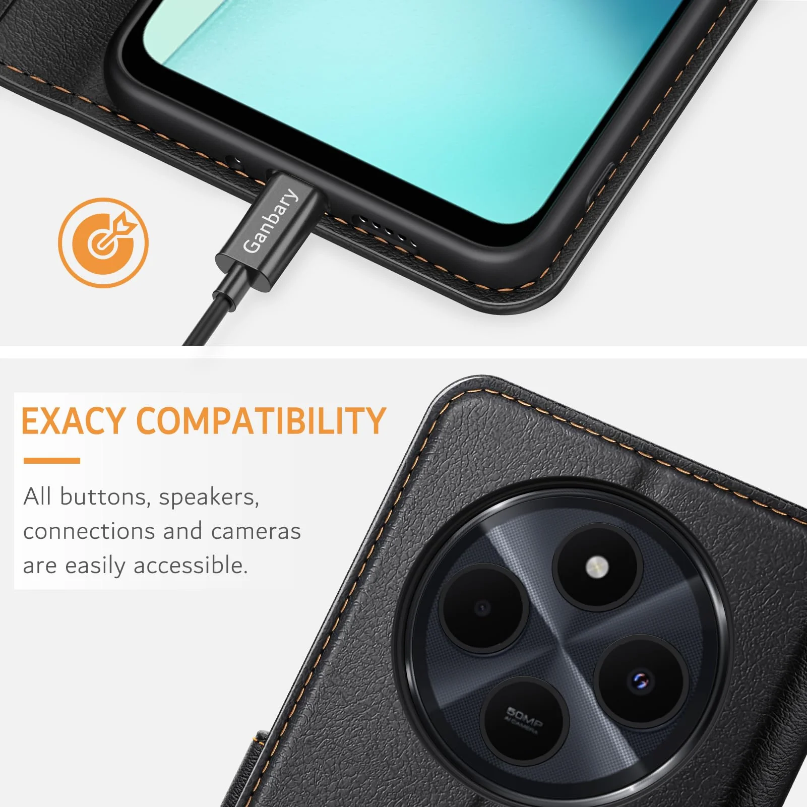 Ganbary Handyhülle für Xiaomi Redmi 14C / Poco C75 Hülle, Premium Leder Klapphülle [Kartenschlitzen] [Magnetverschluss] [Standfunktion] kompatibel mit Redmi 14C Schutzhülle, Schwarz - Image 5